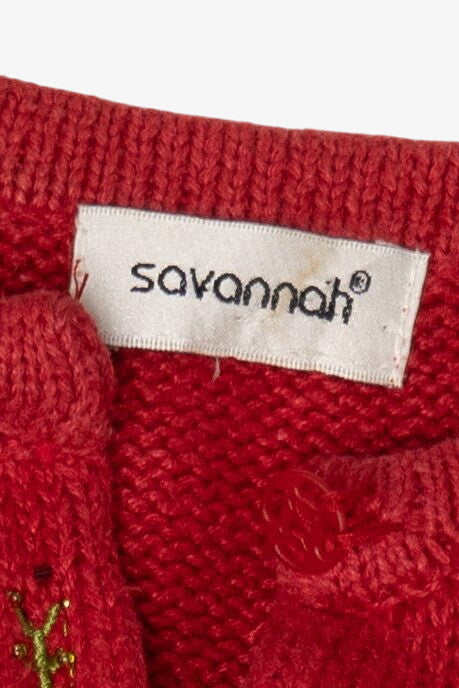 Vintage Kids Red Savannah Snowman On Presents Ugly Christmas Cardigan (1990s)
