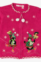 Vintage Kids Hot Pink Derek Heart Penguins Skating Ugly Christmas Cardigan (2000s)