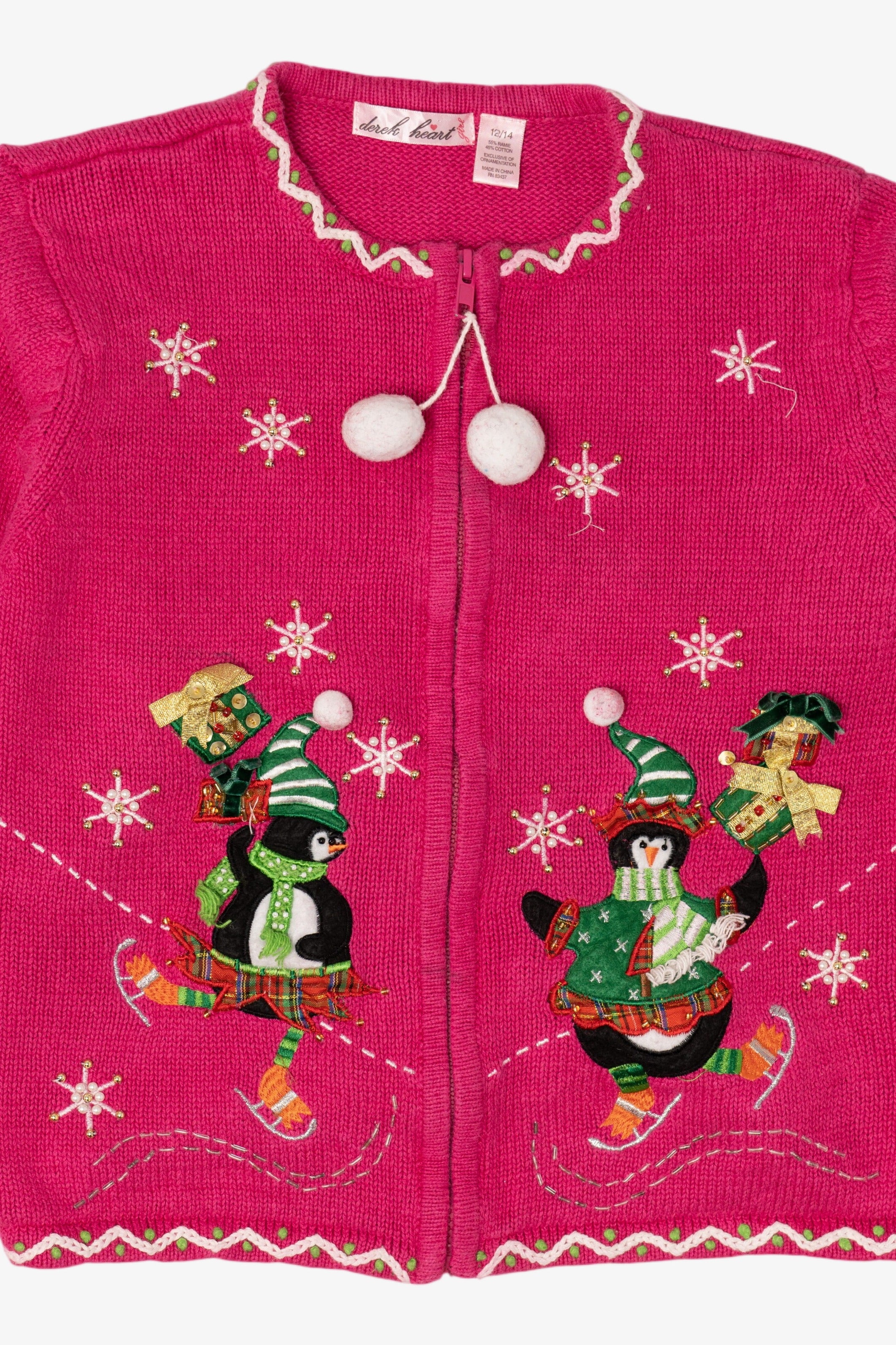 Vintage Kids Hot Pink Derek Heart Penguins Skating Ugly Christmas Cardigan (2000s)