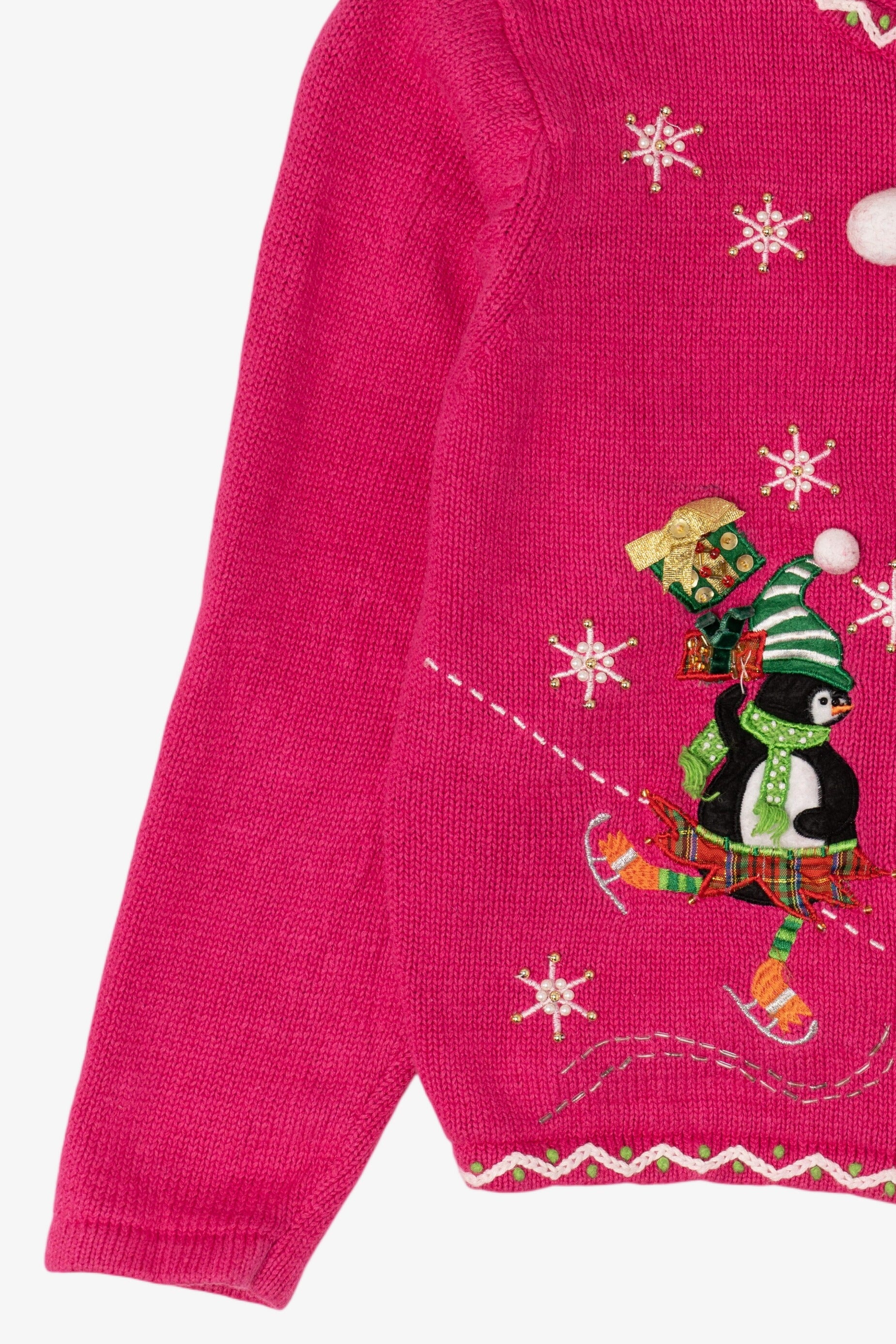 Vintage Kids Hot Pink Derek Heart Penguins Skating Ugly Christmas Cardigan (2000s)