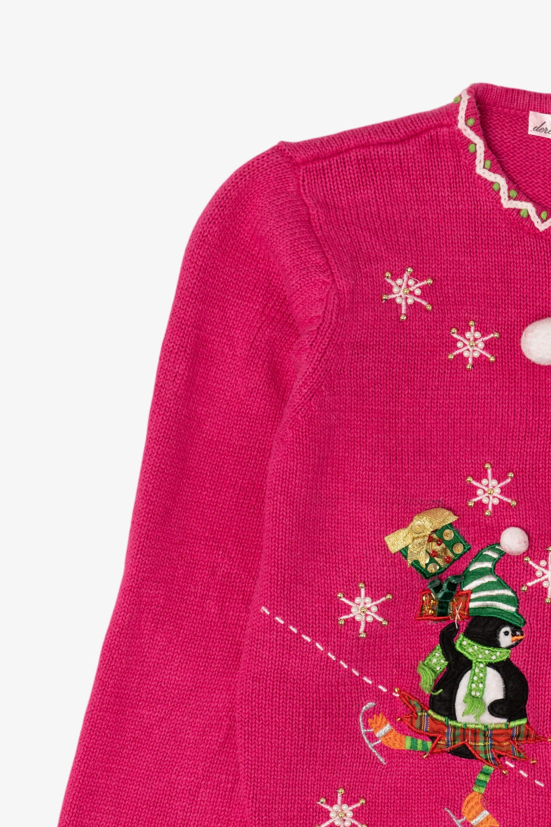 Vintage Kids Hot Pink Derek Heart Penguins Skating Ugly Christmas Cardigan (2000s)
