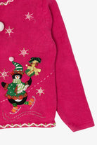 Vintage Kids Hot Pink Derek Heart Penguins Skating Ugly Christmas Cardigan (2000s)