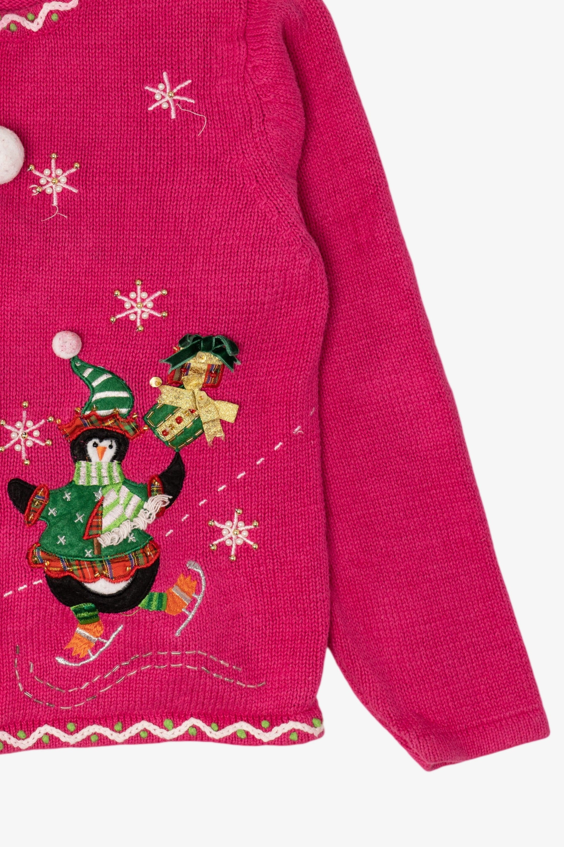 Vintage Kids Hot Pink Derek Heart Penguins Skating Ugly Christmas Cardigan (2000s)