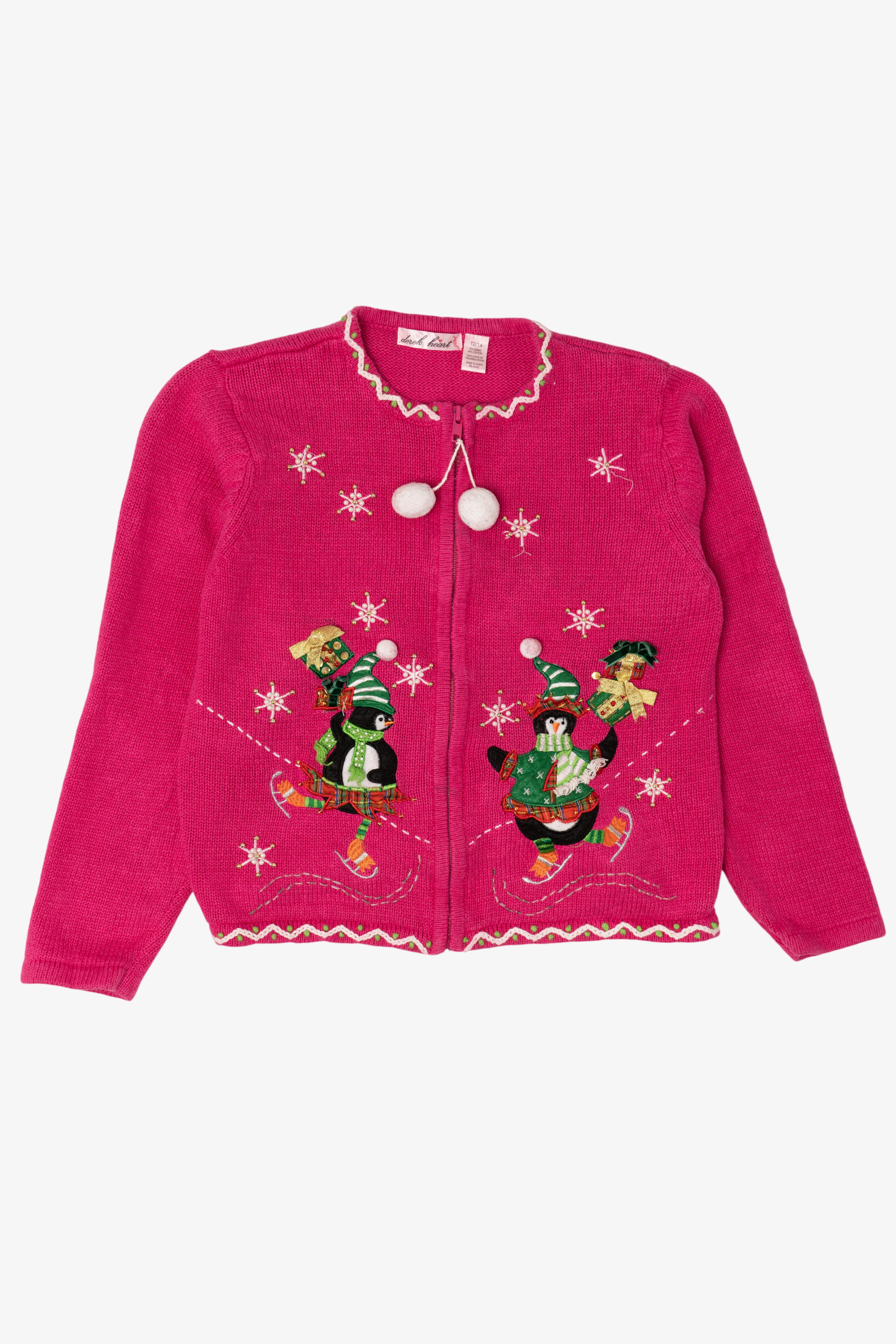 Vintage Kids Hot Pink Derek Heart Penguins Skating Ugly Christmas Cardigan (2000s)