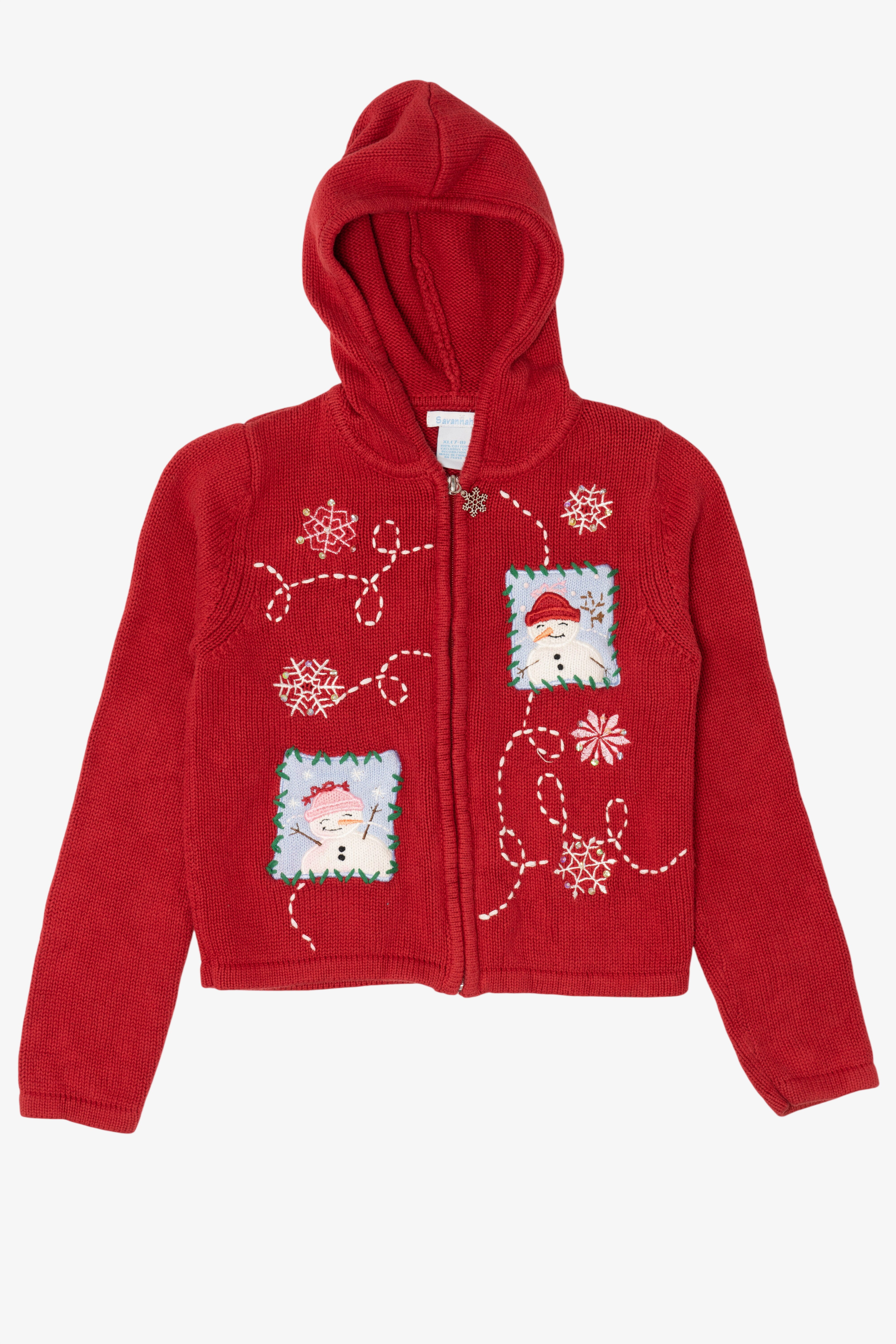 Vintage Kids Red Savannah Snowmen Hooded Ugly Christmas Pullover (2000s)