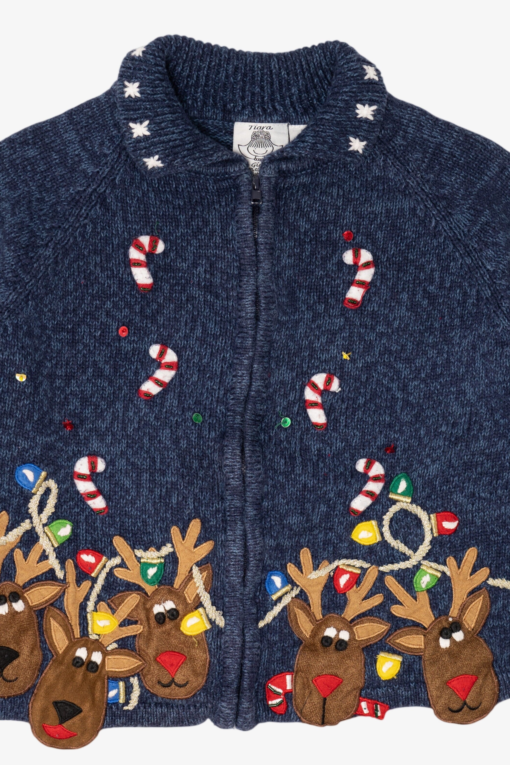 Vintage Kids Navy Blue Tiara Girls Reindeer Ugly Christmas Cardigan (2000s)