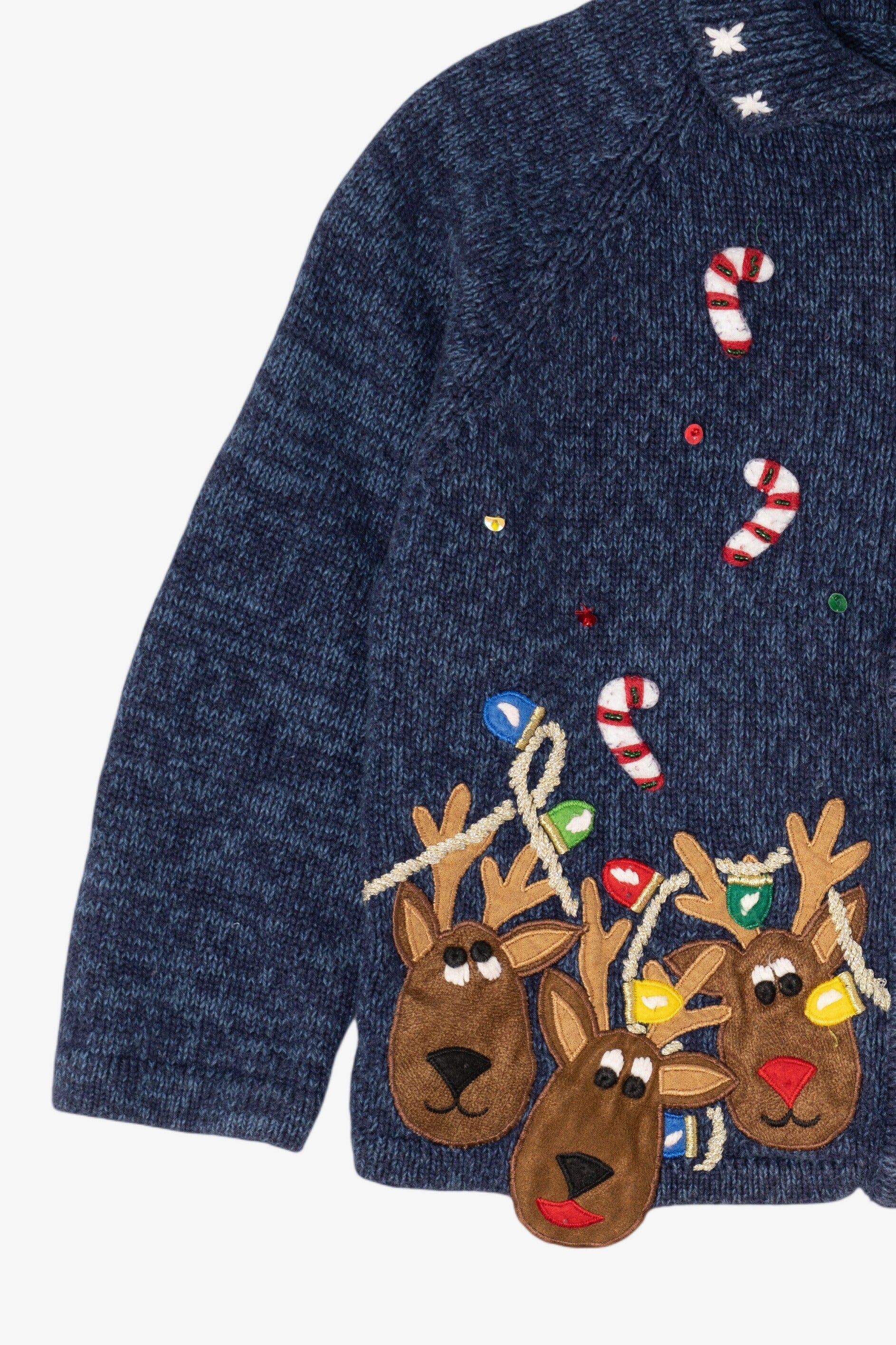 Vintage Kids Navy Blue Tiara Girls Reindeer Ugly Christmas Cardigan (2000s)