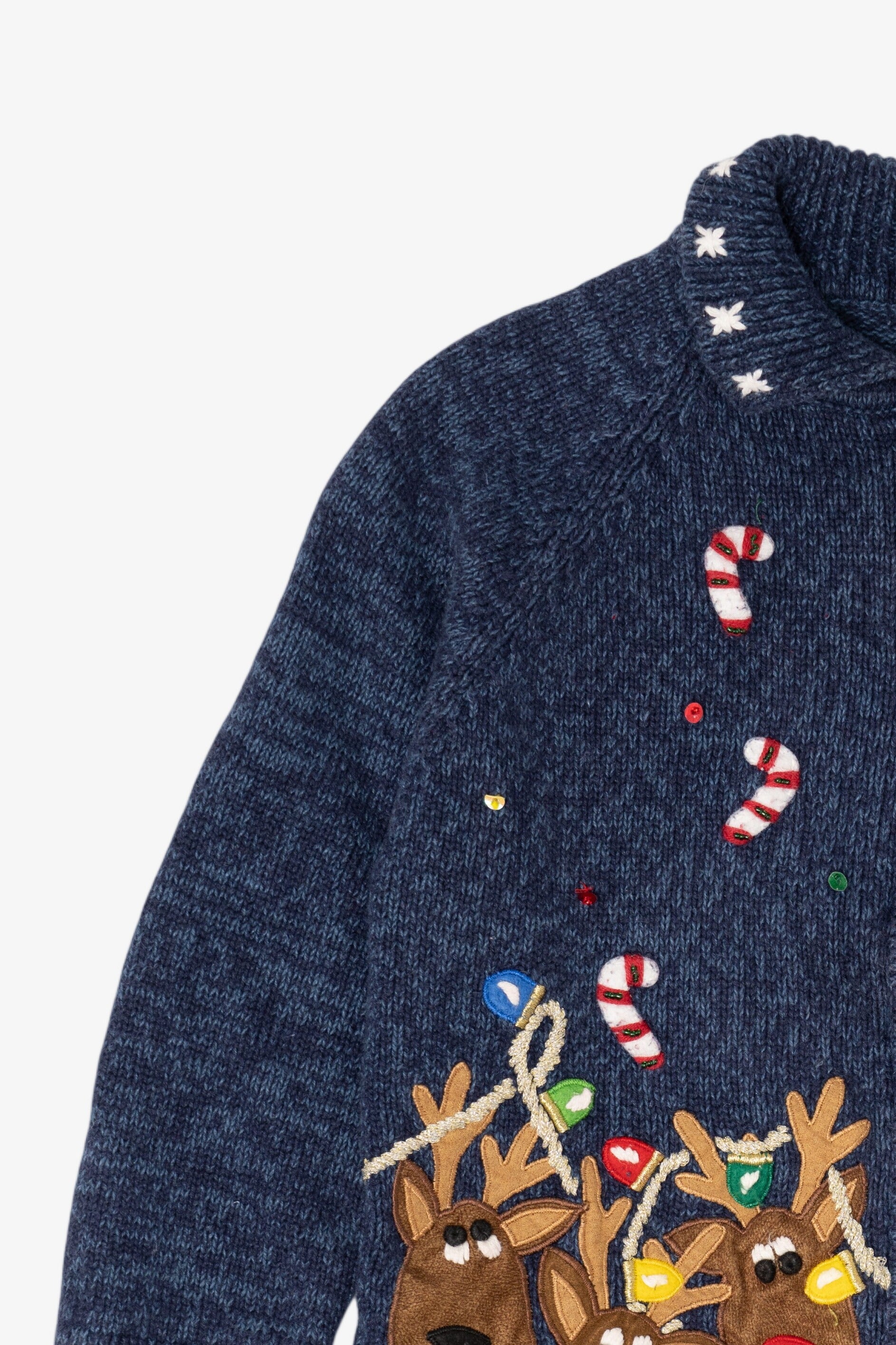 Vintage Kids Navy Blue Tiara Girls Reindeer Ugly Christmas Cardigan (2000s)