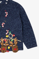 Vintage Kids Navy Blue Tiara Girls Reindeer Ugly Christmas Cardigan (2000s)
