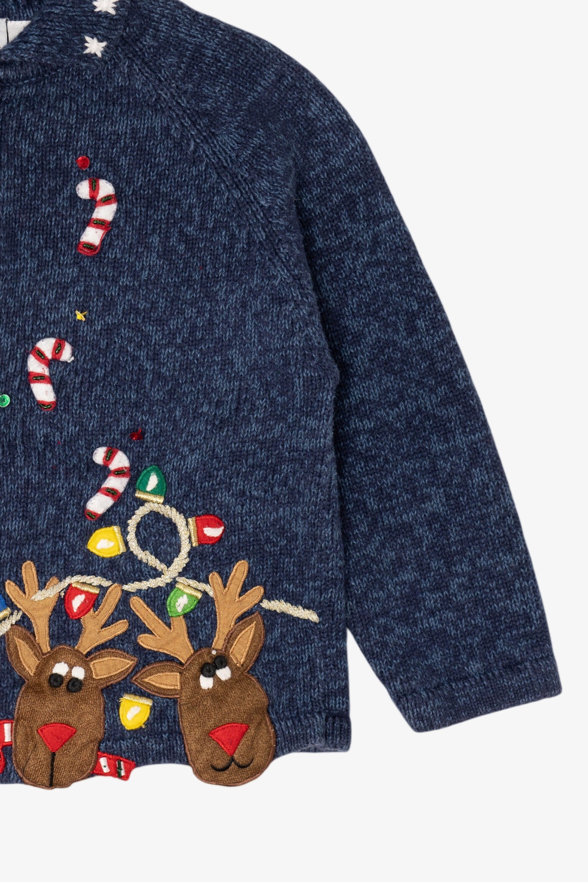 Vintage Kids Navy Blue Tiara Girls Reindeer Ugly Christmas Cardigan (2000s)