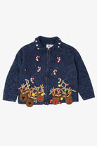 Vintage Kids Navy Blue Tiara Girls Reindeer Ugly Christmas Cardigan (2000s)
