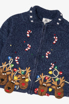 Vintage Kids Navy Blue Tiara Girls Reindeer Ugly Christmas Cardigan (2000s)