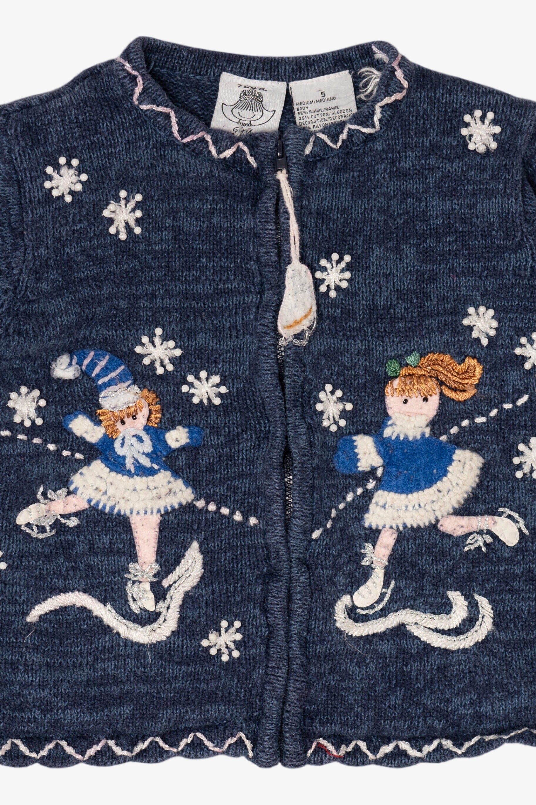 Vintage Kids Navy Blue Tiara Girls Ice Skating Ugly Christmas Cardigan (2000s)
