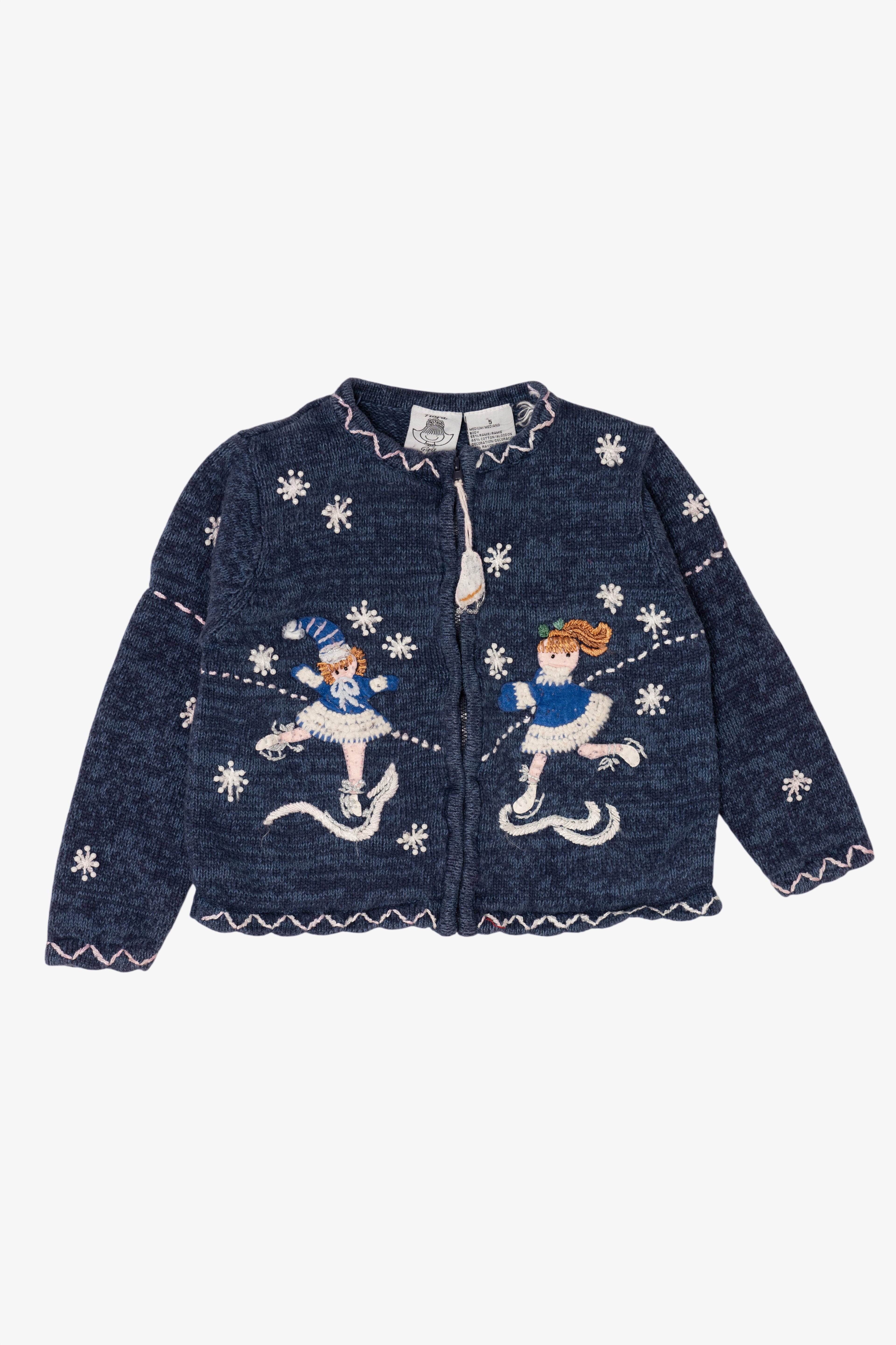 Vintage Kids Navy Blue Tiara Girls Ice Skating Ugly Christmas Cardigan (2000s)