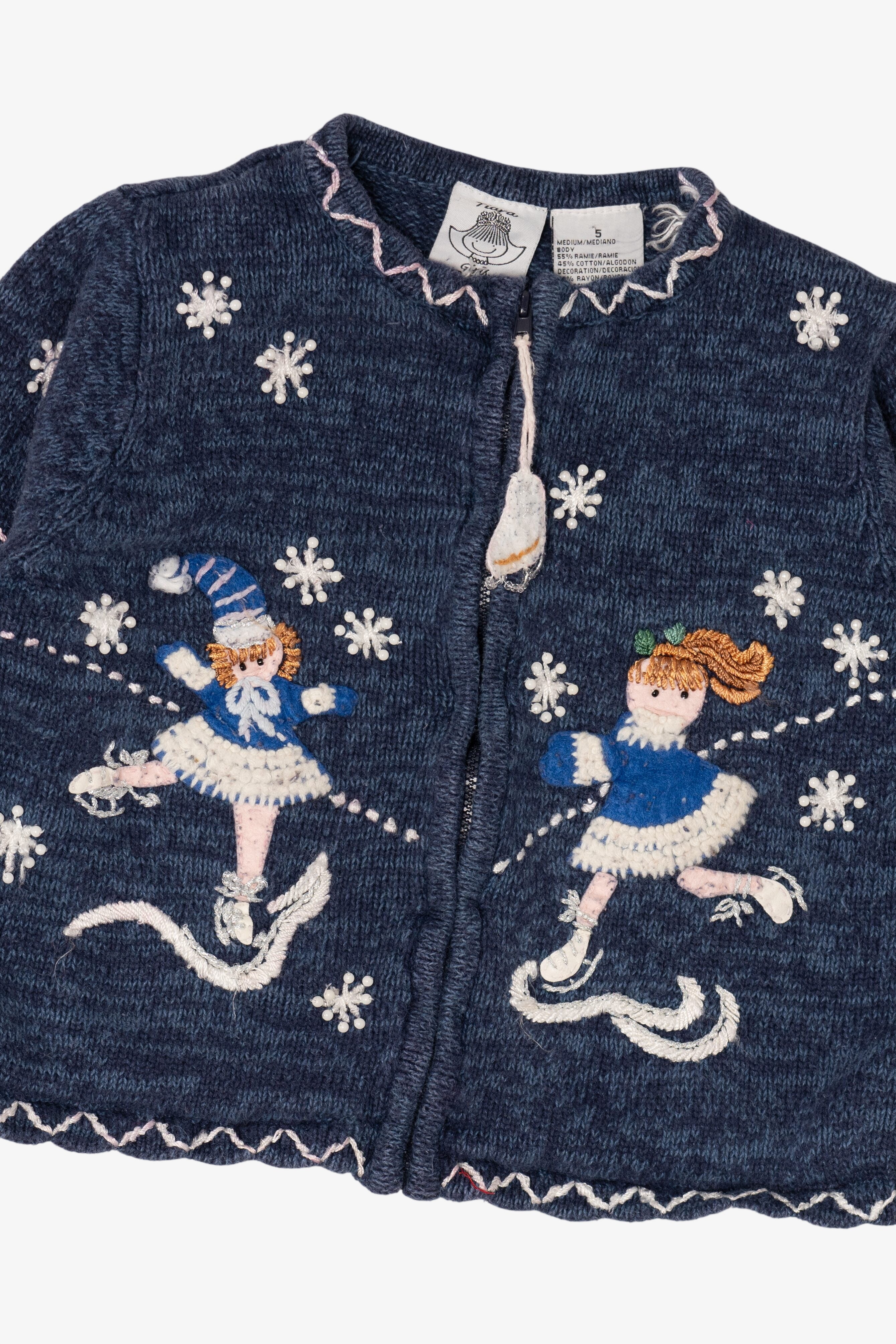Vintage Kids Navy Blue Tiara Girls Ice Skating Ugly Christmas Cardigan (2000s)