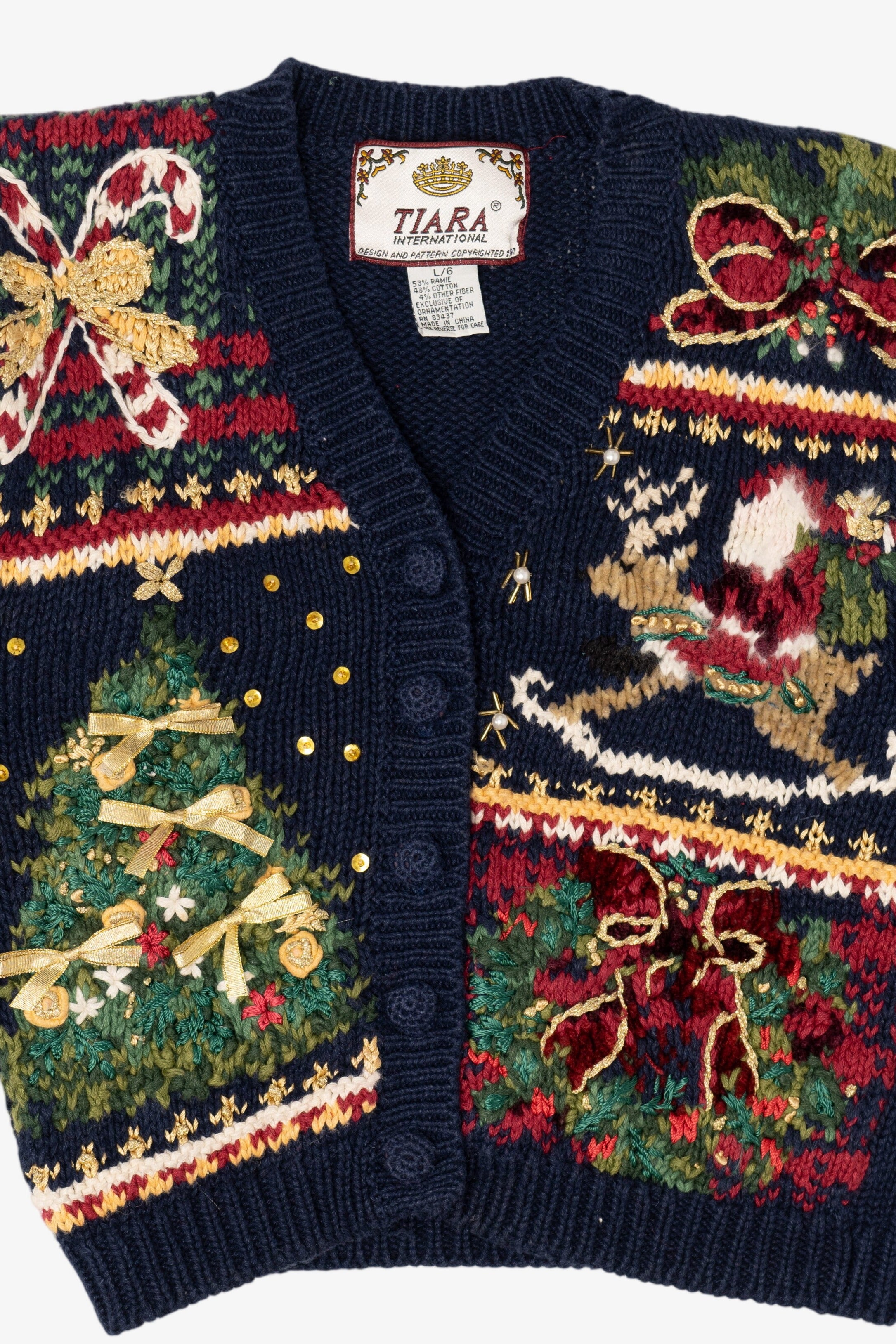 Vintage Kids Navy Blue Tiara International Ugly Christmas Cardigan (1990s)