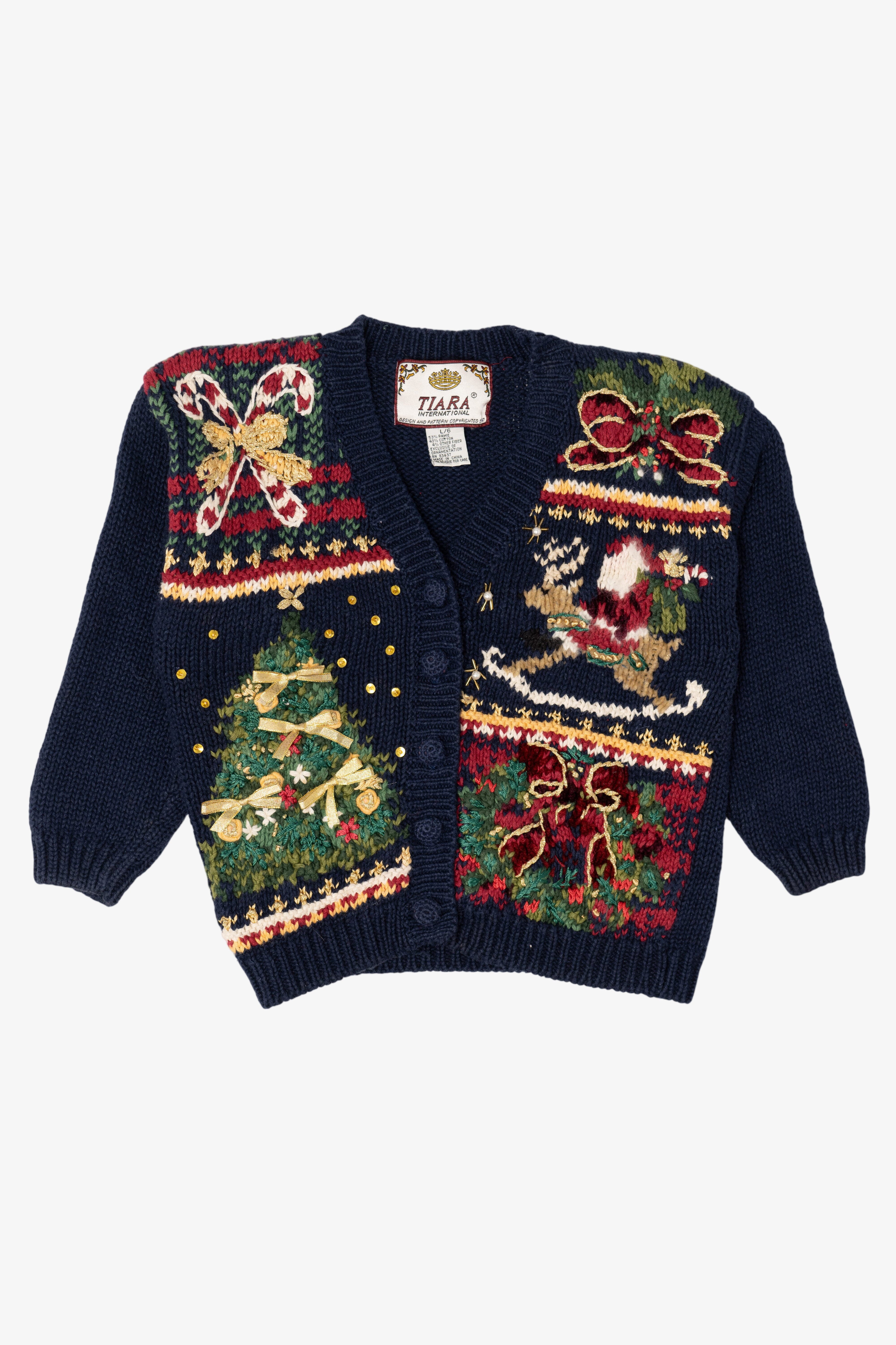Vintage Kids Navy Blue Tiara International Ugly Christmas Cardigan (1990s)