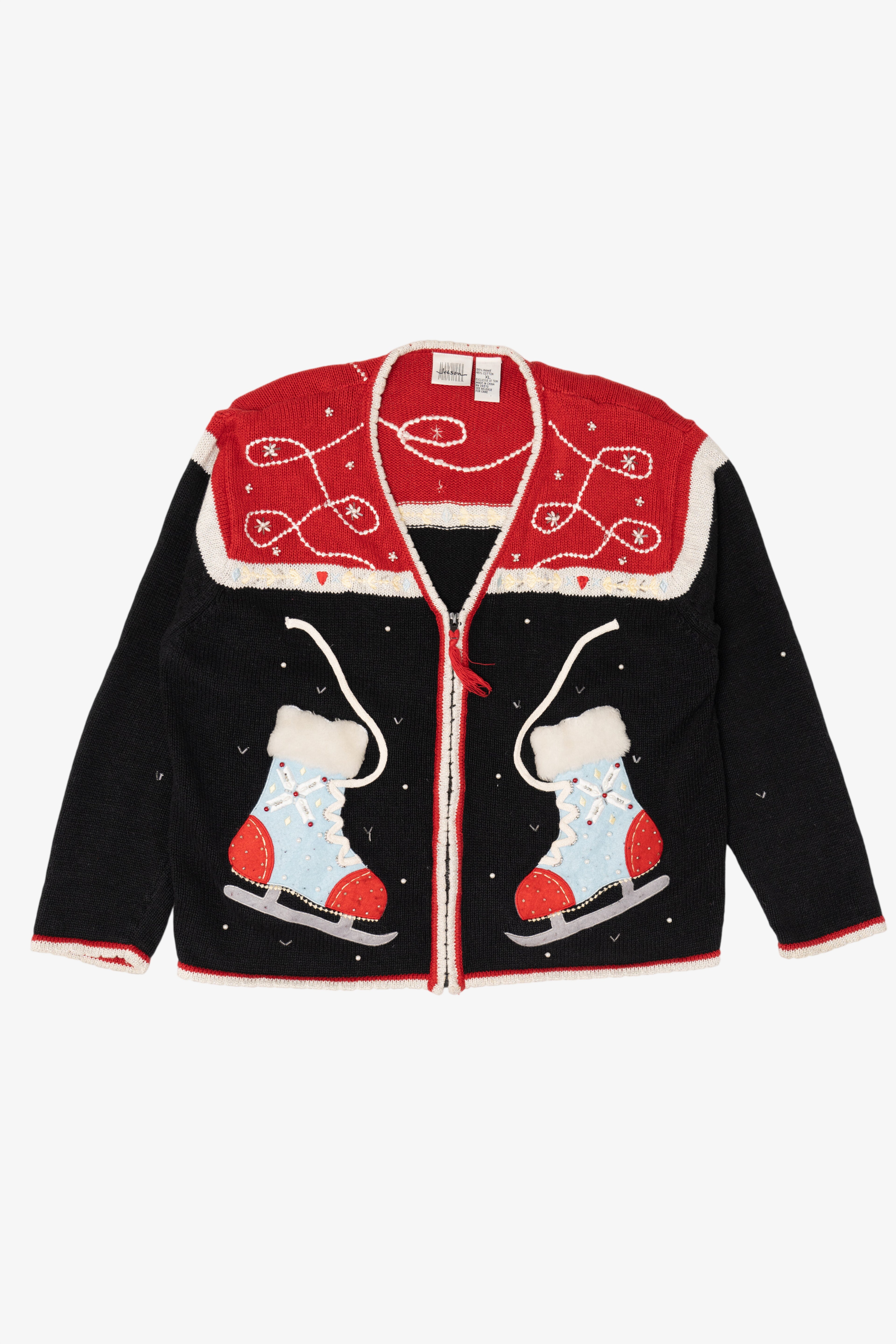 Vintage Black Jason Maxwell Ice Skates Ugly Christmas Cardigan (1990s)