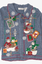Vintage Blue Victoria Jones Snowmen Ugly Christmas Cardigan (1990s)