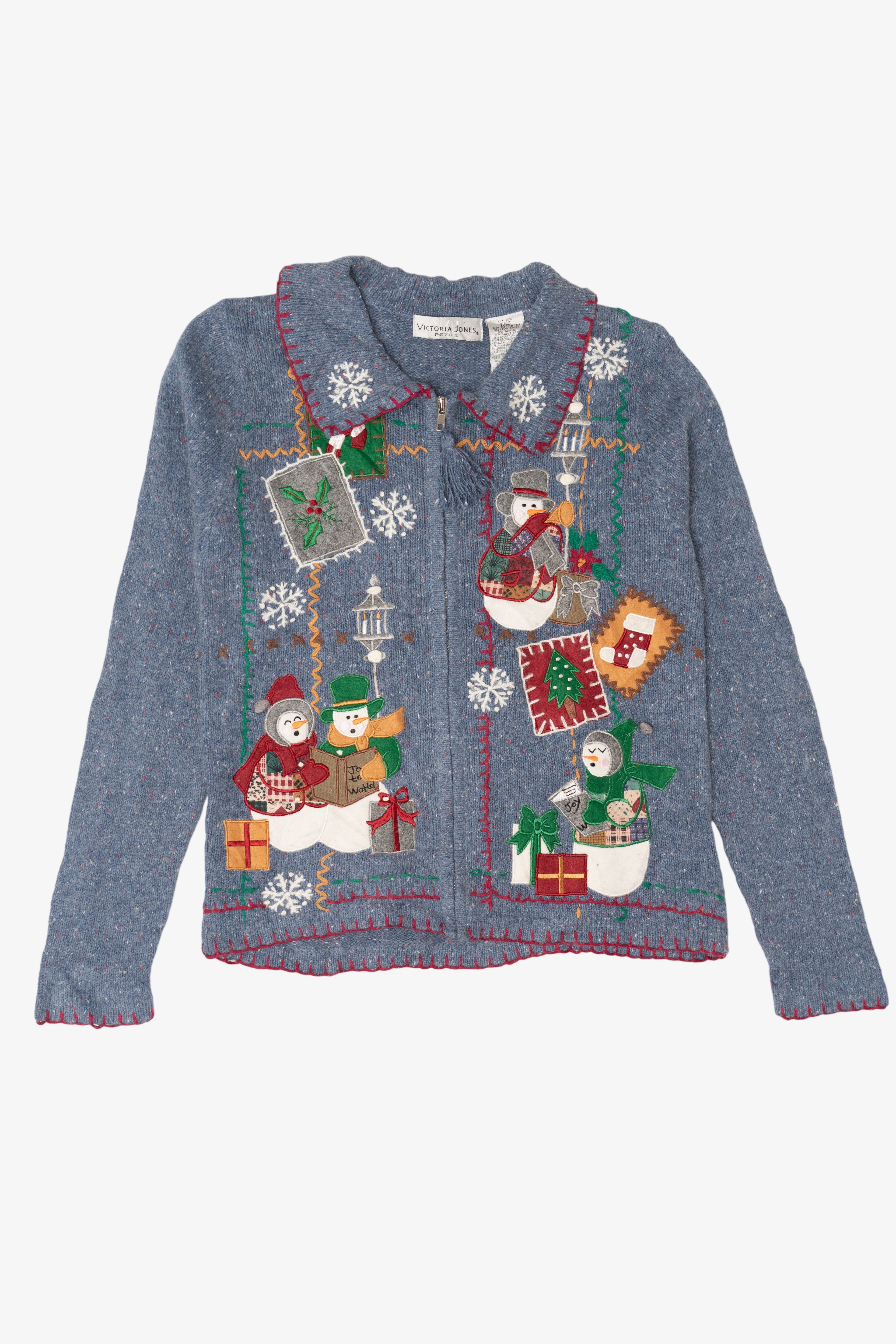 Vintage Blue Victoria Jones Snowmen Ugly Christmas Cardigan (1990s)