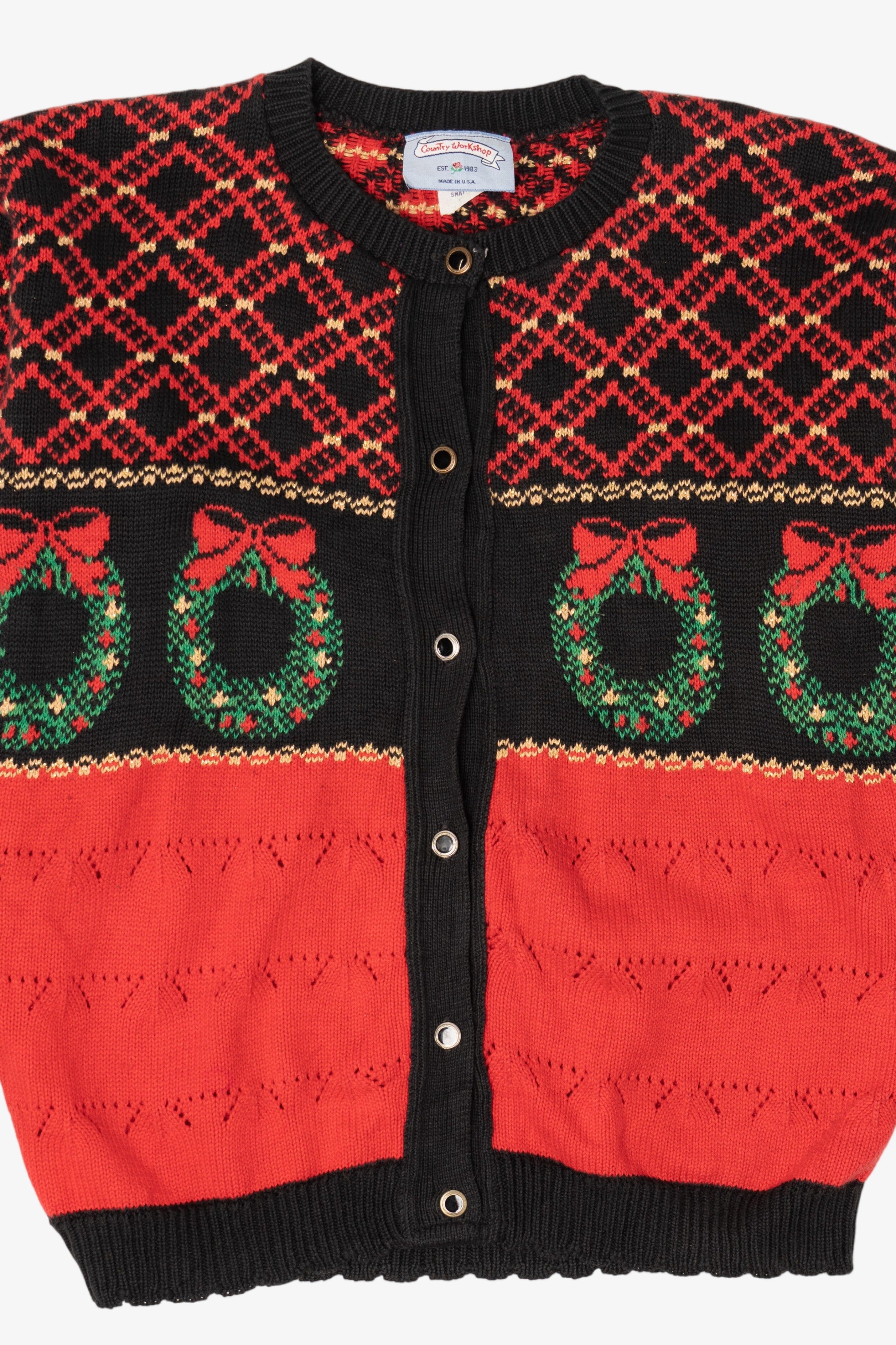 Vintage Red Country Workshop Wreaths Ugly Christmas Cardigan (1990s)