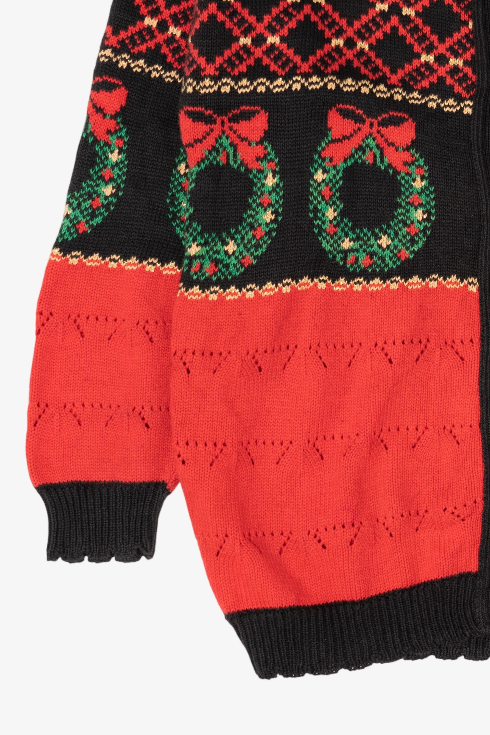 Vintage Red Country Workshop Wreaths Ugly Christmas Cardigan (1990s)