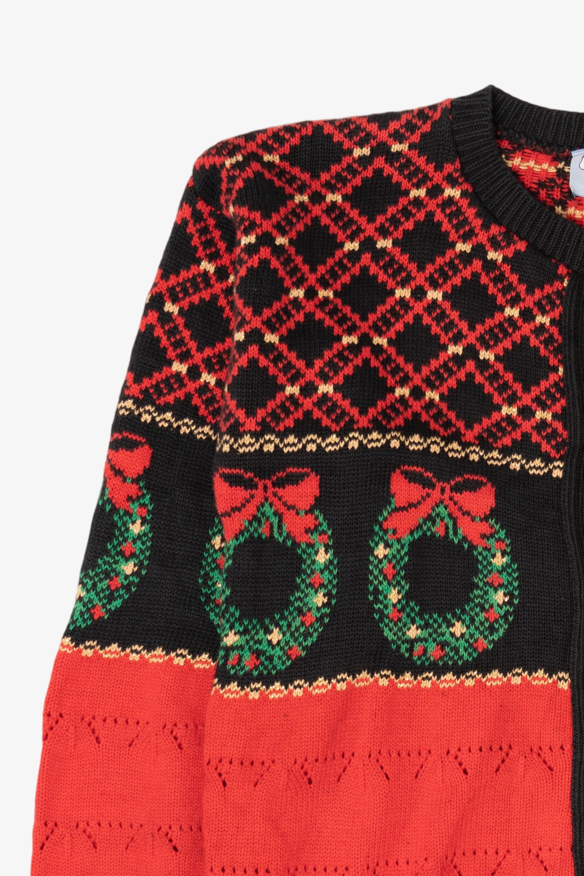 Vintage Red Country Workshop Wreaths Ugly Christmas Cardigan (1990s)