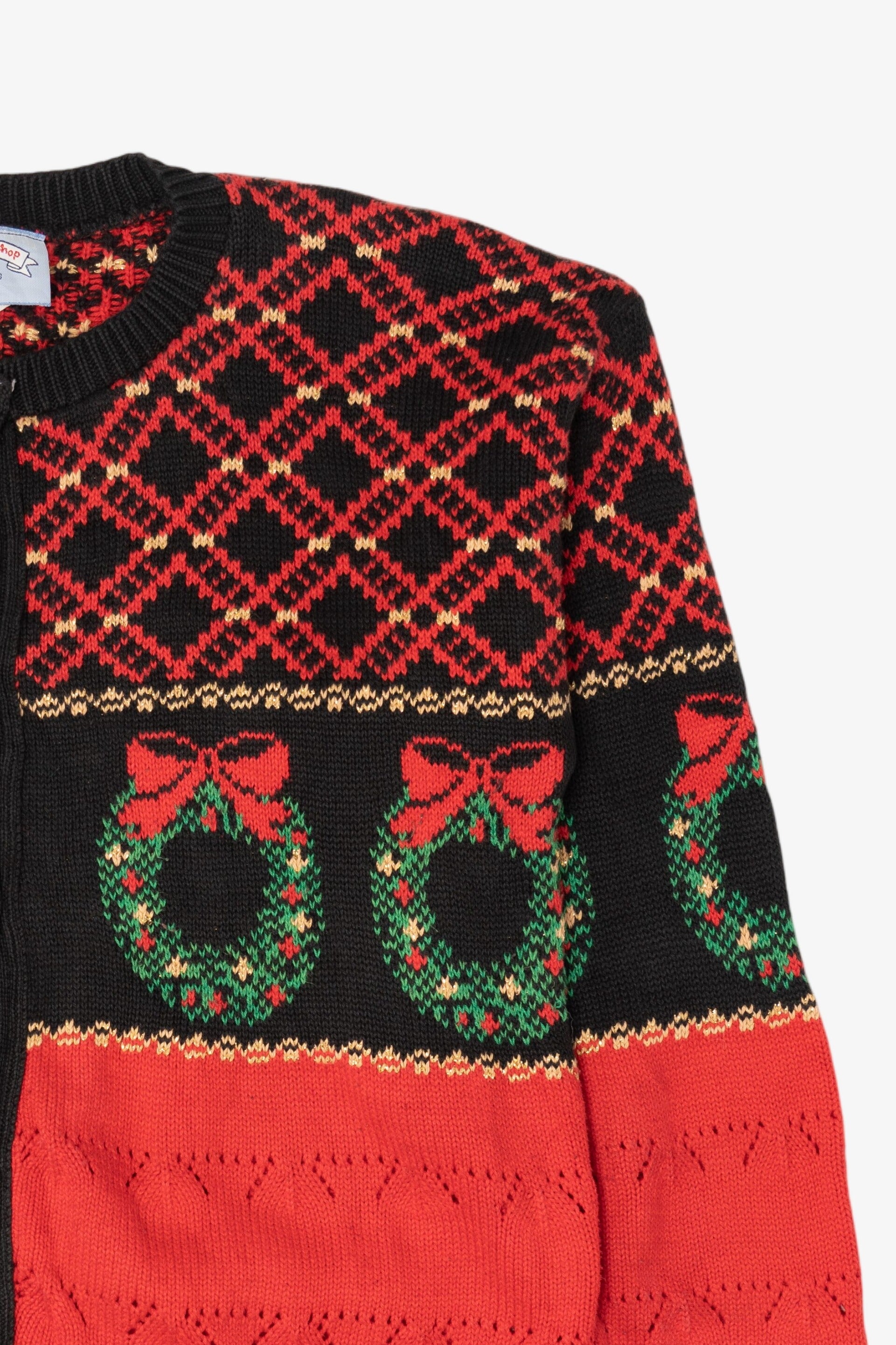 Vintage Red Country Workshop Wreaths Ugly Christmas Cardigan (1990s)