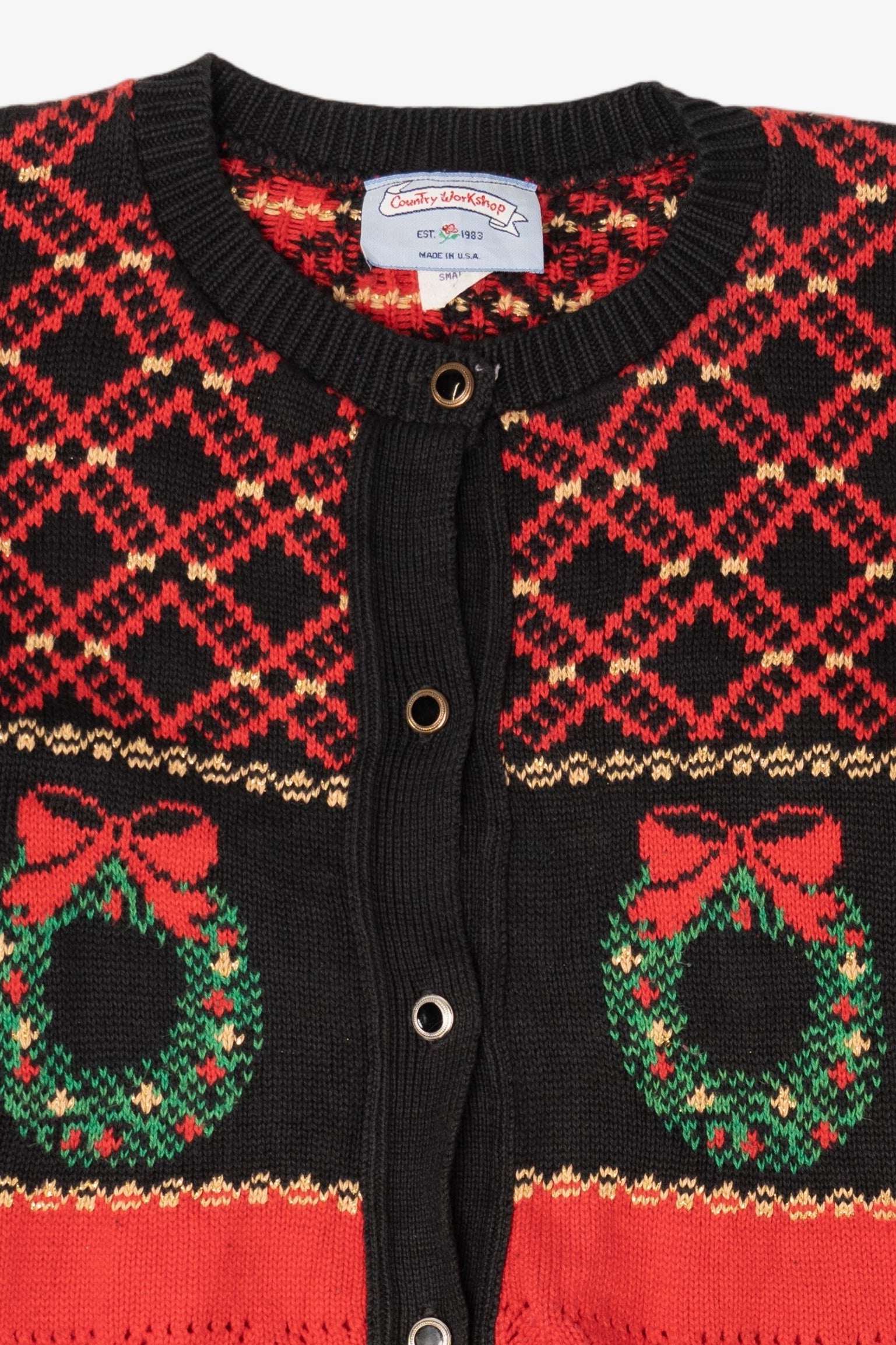 Vintage Red Country Workshop Wreaths Ugly Christmas Cardigan (1990s)