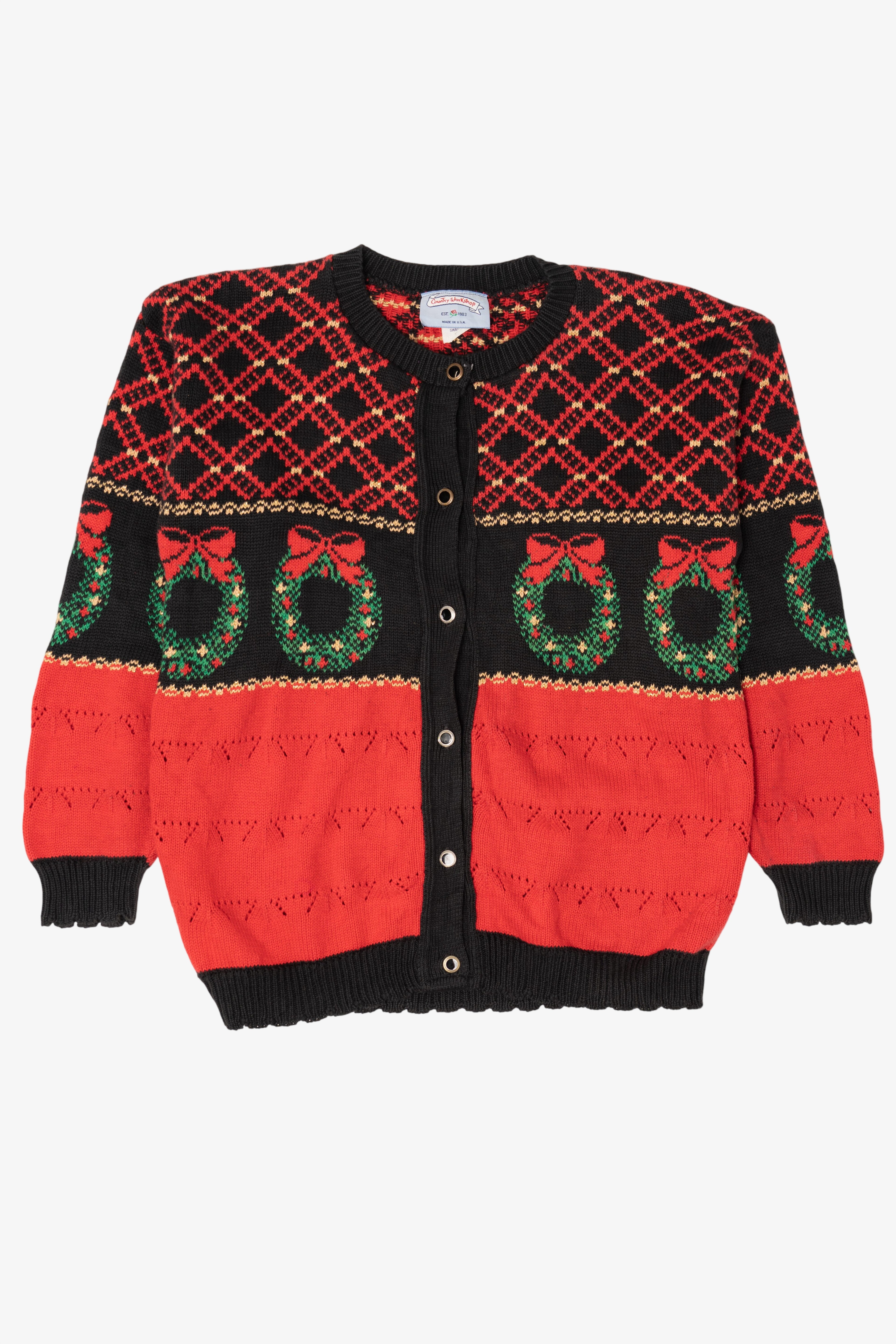 Vintage Red Country Workshop Wreaths Ugly Christmas Cardigan (1990s)