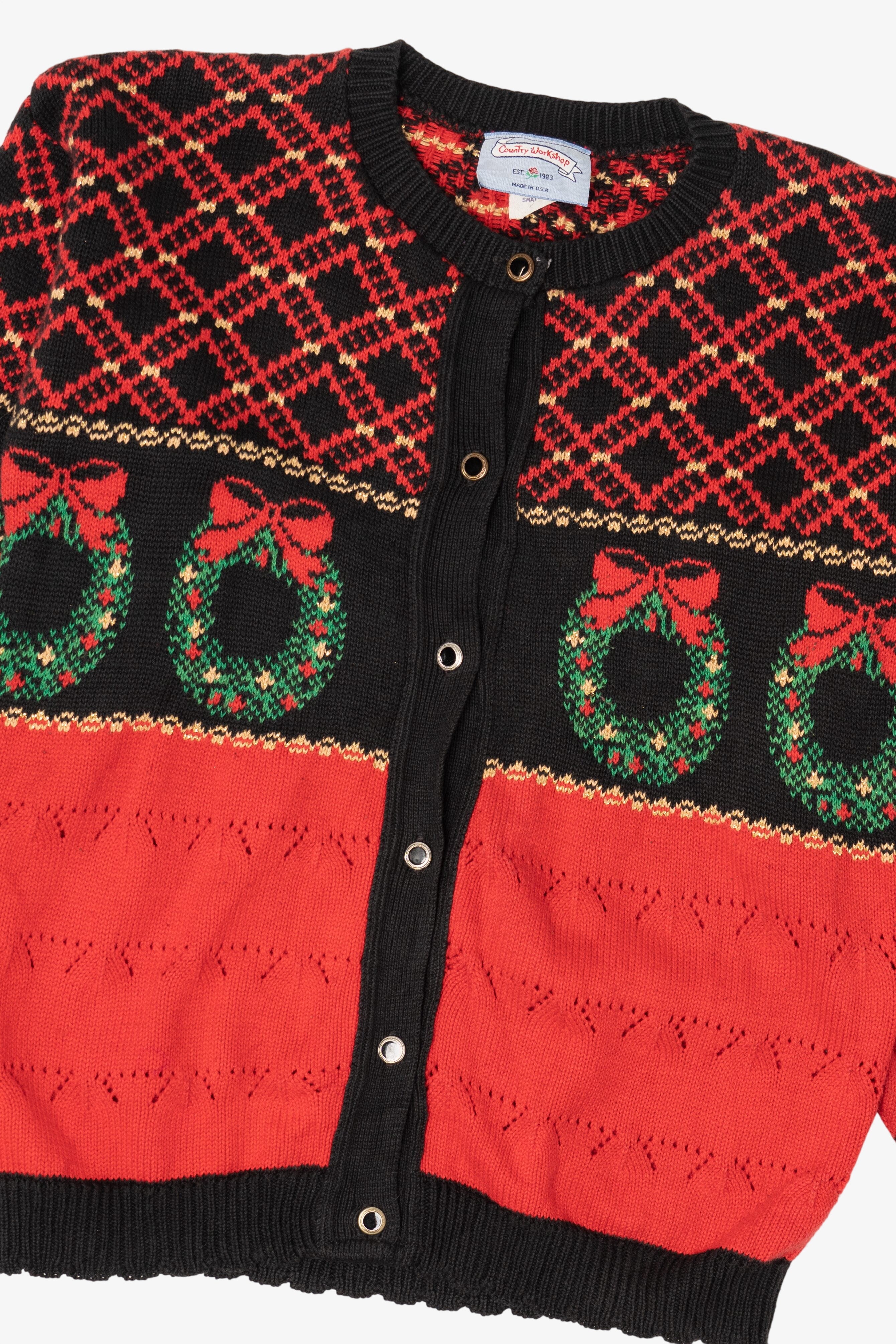 Vintage Red Country Workshop Wreaths Ugly Christmas Cardigan (1990s)