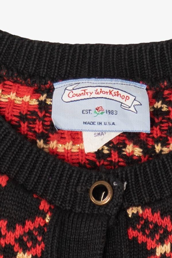 Vintage Red Country Workshop Wreaths Ugly Christmas Cardigan (1990s)