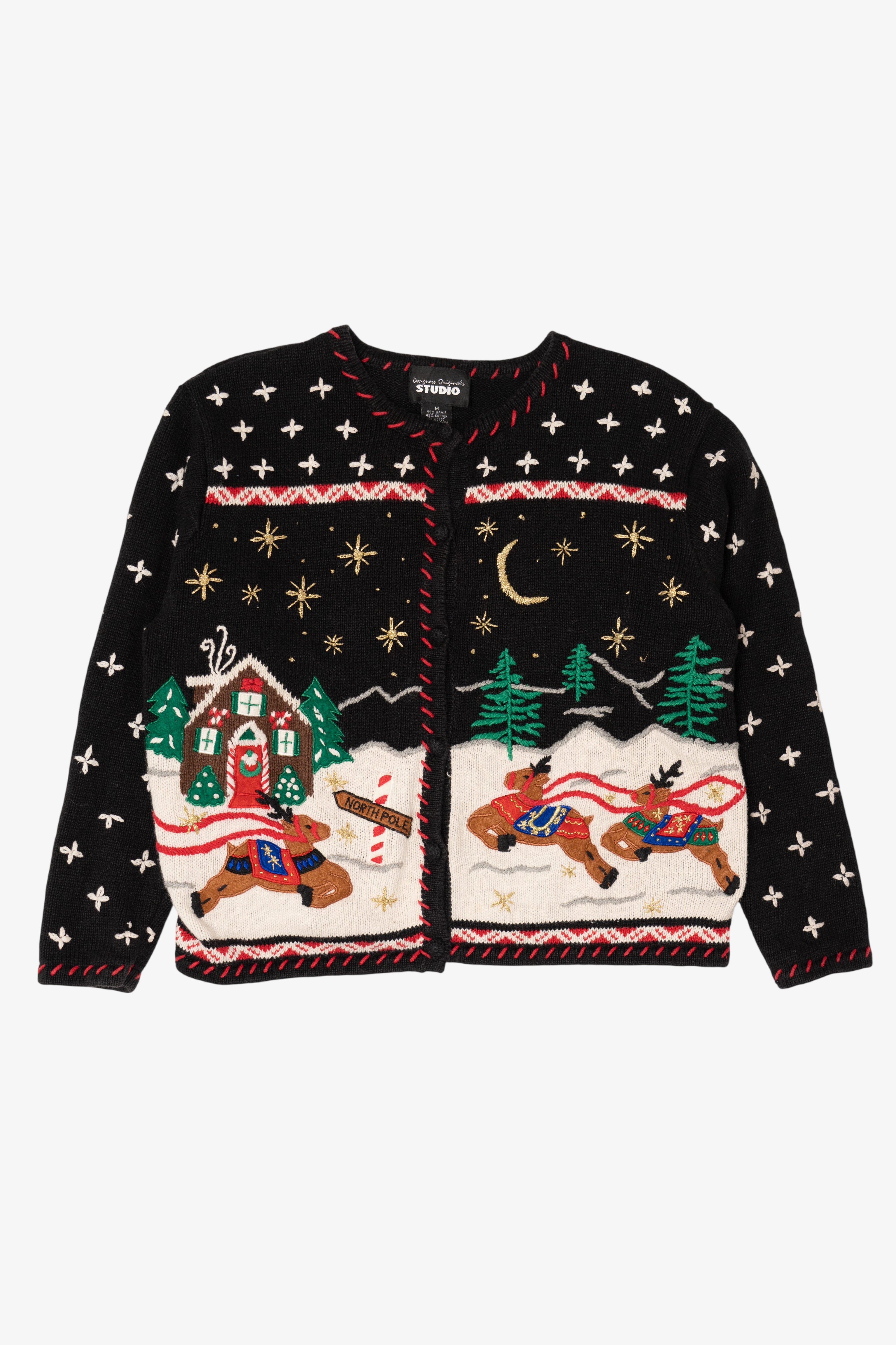 Vintage Black Designers Originals Studio Reindeer Ugly Christmas Cardigan (1990s)