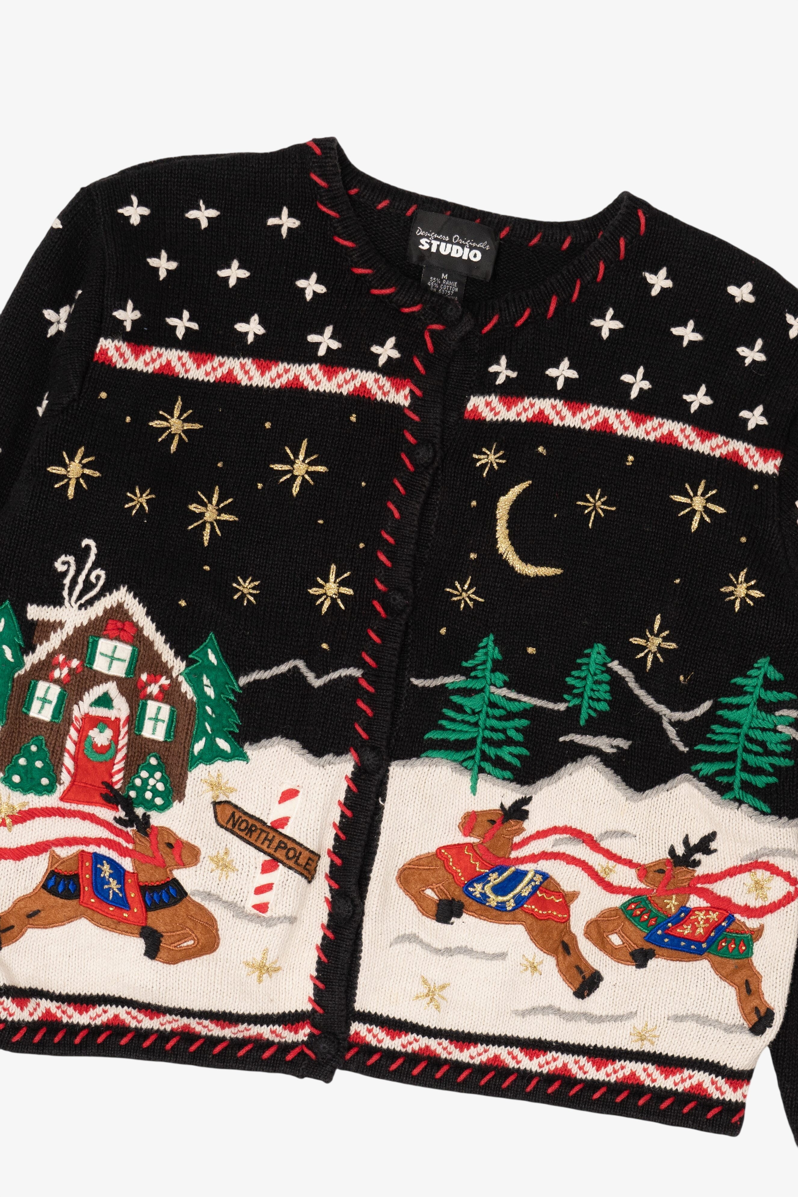 Vintage Black Designers Originals Studio Reindeer Ugly Christmas Cardigan (1990s)