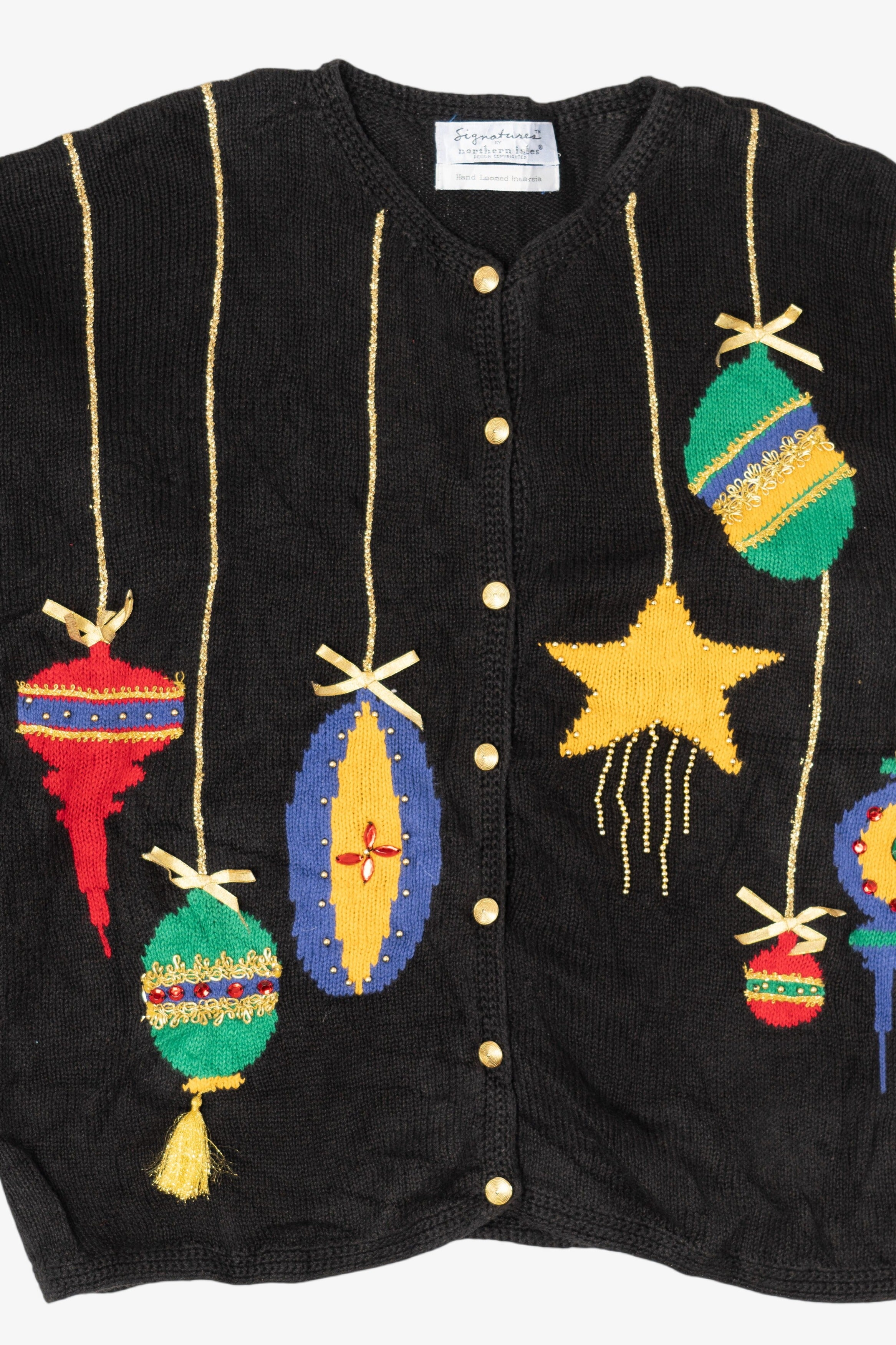 Vintage Hand Loomed Black Northern Isles Ornaments Ugly Christmas Cardigan (1990s)