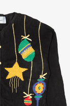 Vintage Hand Loomed Black Northern Isles Ornaments Ugly Christmas Cardigan (1990s)