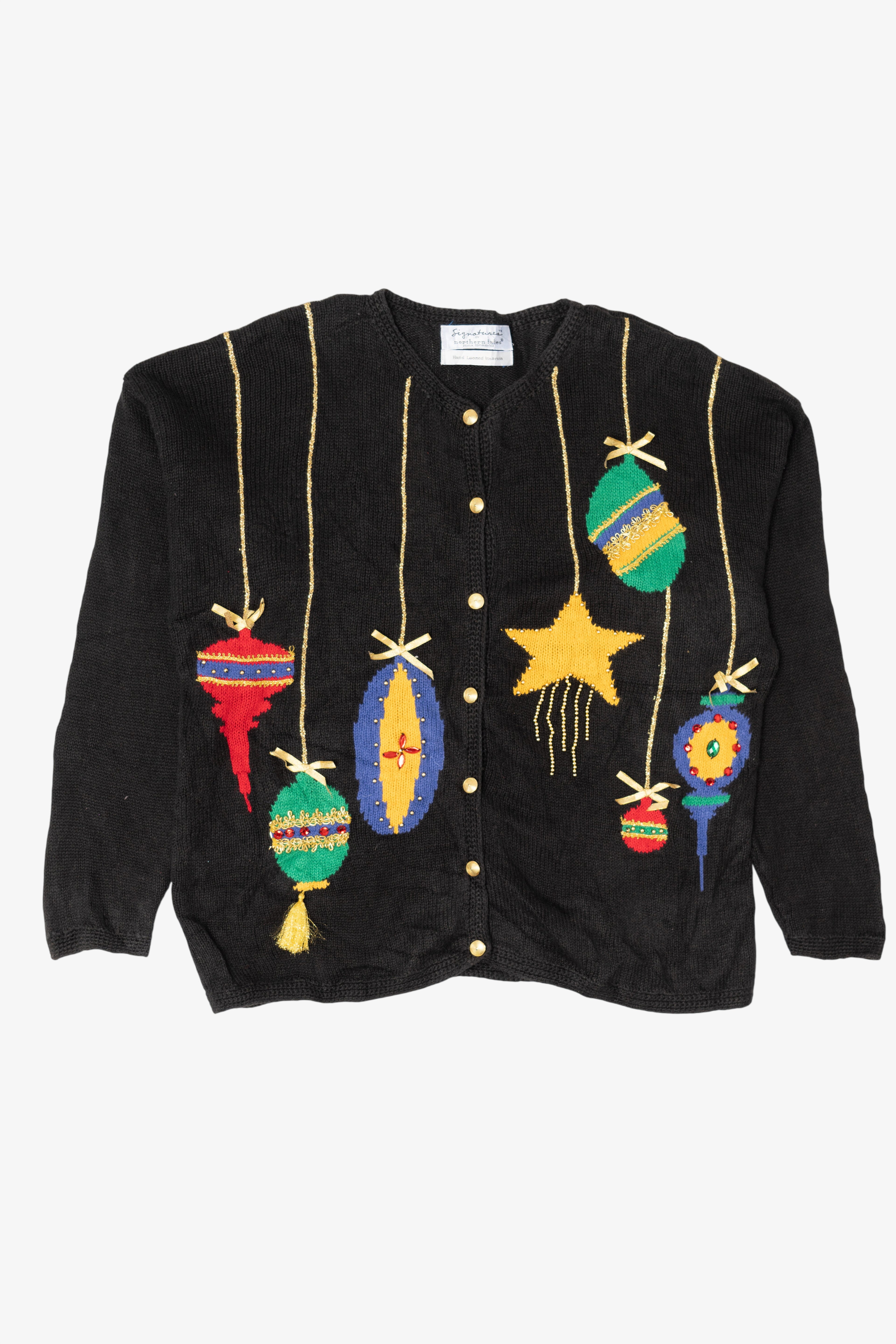 Vintage Hand Loomed Black Northern Isles Ornaments Ugly Christmas Cardigan (1990s)