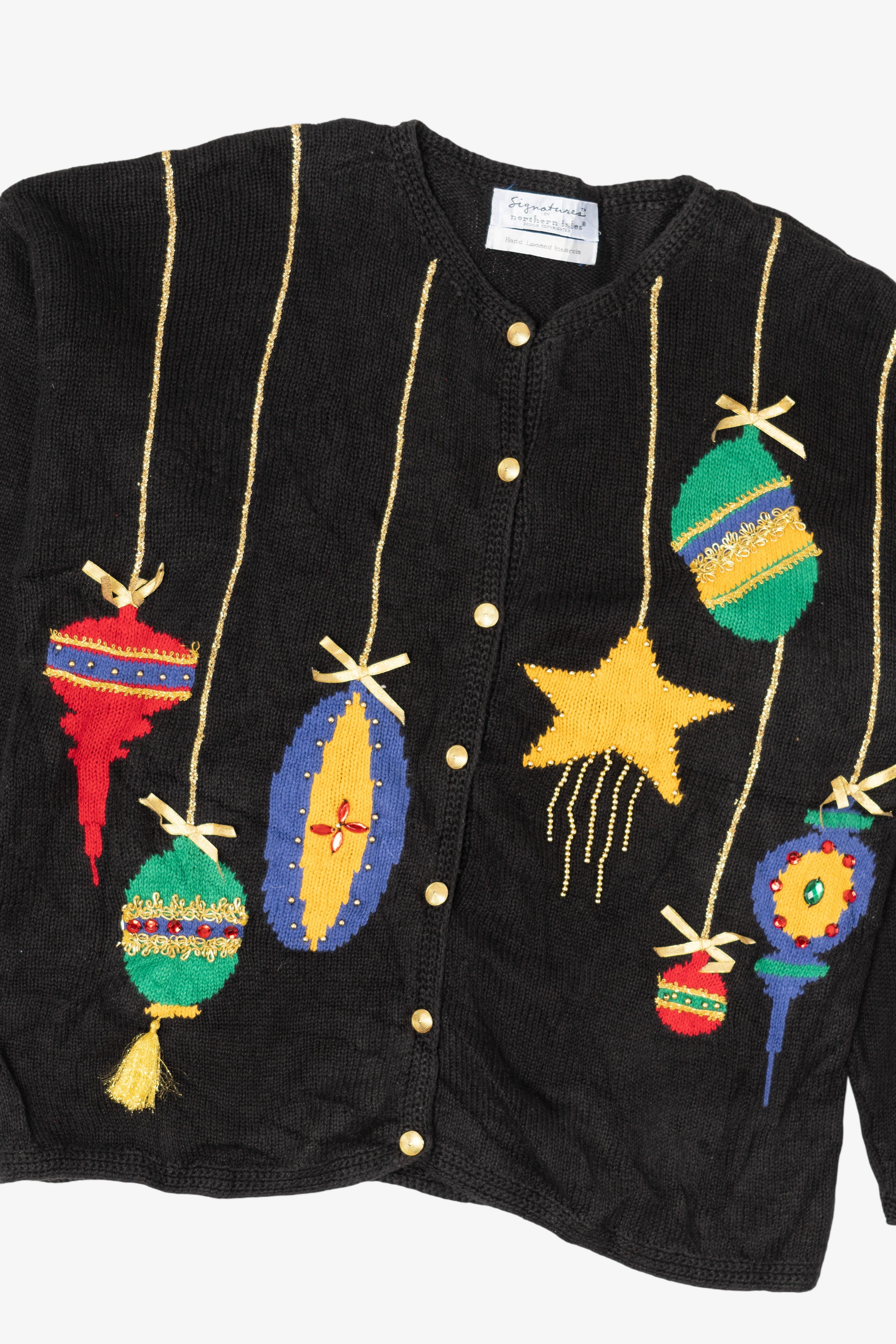 Vintage Hand Loomed Black Northern Isles Ornaments Ugly Christmas Cardigan (1990s)
