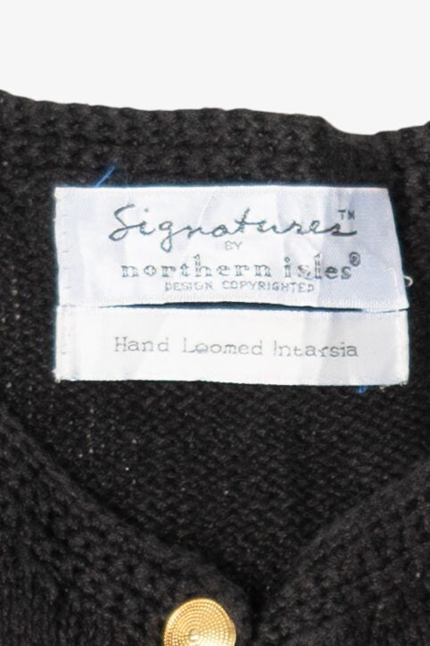 Vintage Hand Loomed Black Northern Isles Ornaments Ugly Christmas Cardigan (1990s)