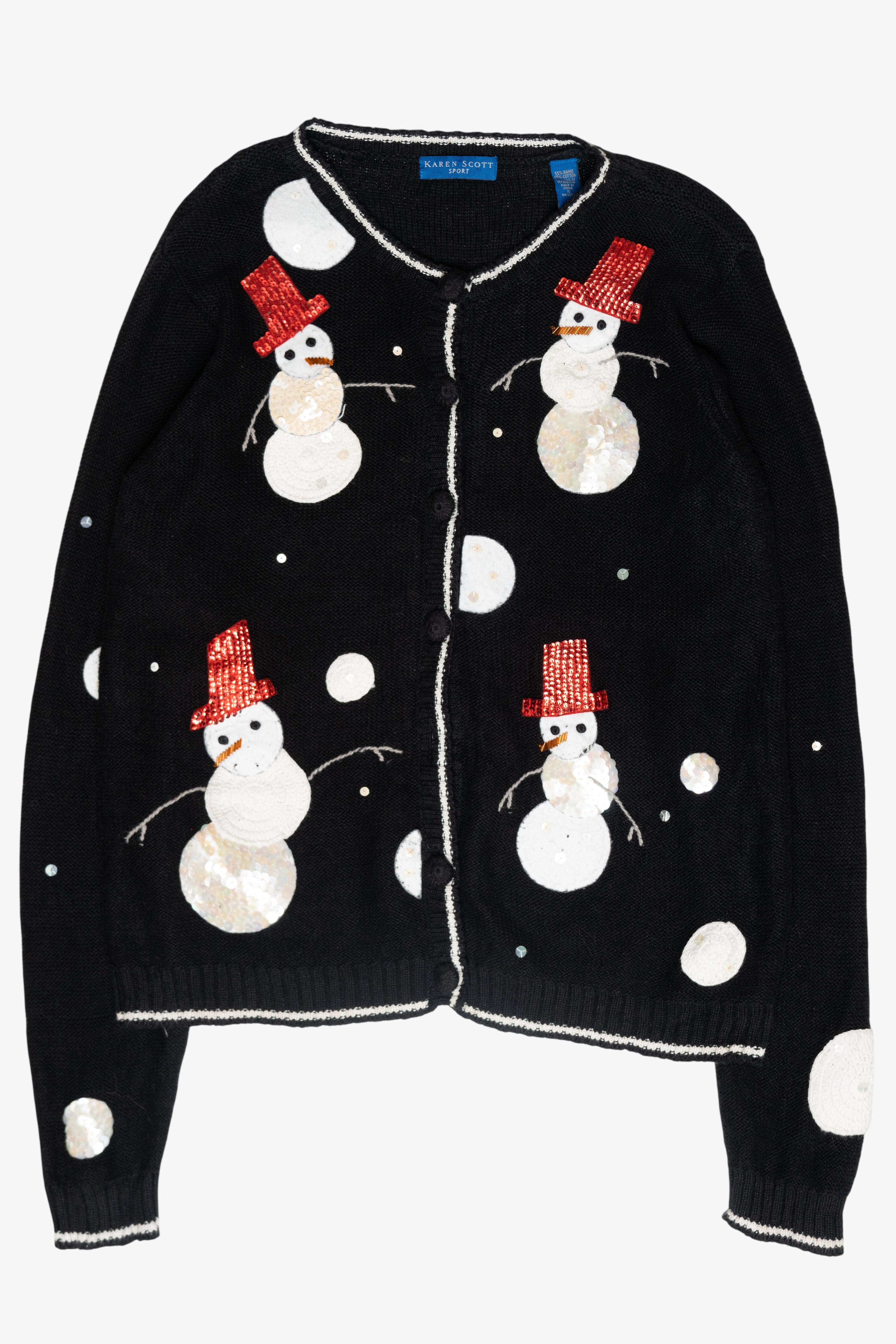 Top Hat Snowmen Vintage Ugly Christmas Cardigan (1990s)
