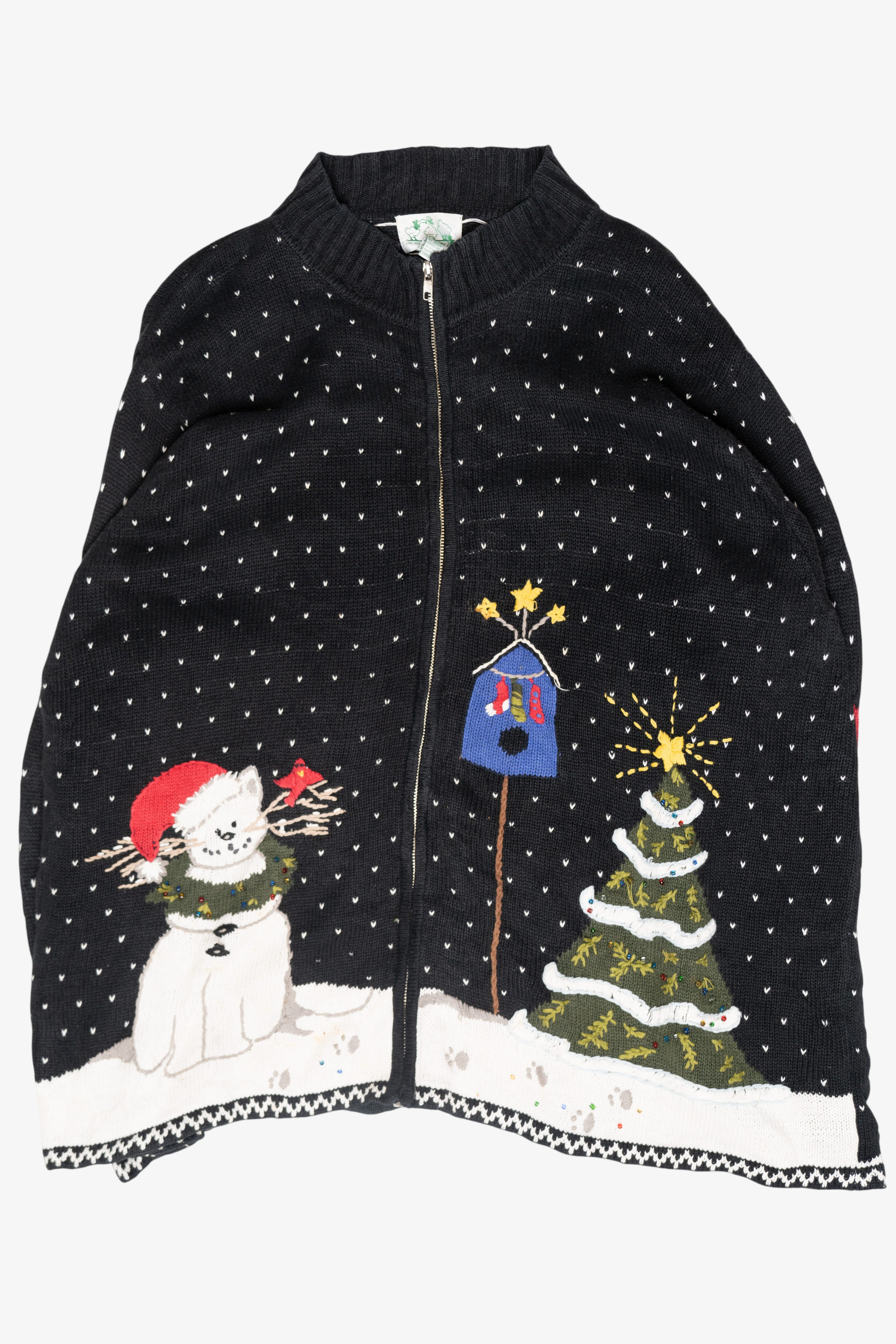 Cat Vintage Ugly Christmas Zip Cardigan (1990s)