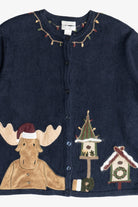 Vintage Navy Blue Christopher & Banks Reindeer With Birdhouses Ugly Christmas Sweater (2000s)