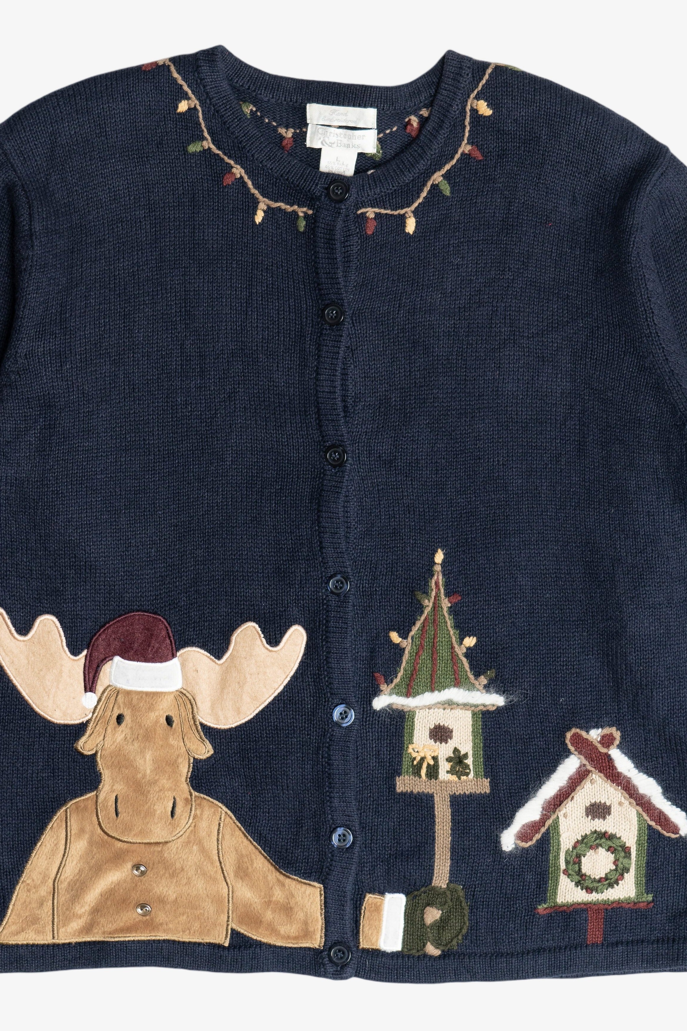 Vintage Navy Blue Christopher & Banks Reindeer With Birdhouses Ugly Christmas Sweater (2000s)