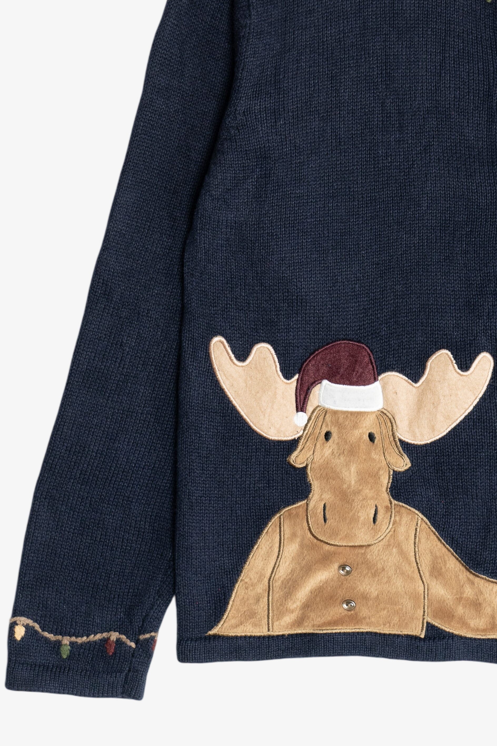Vintage Navy Blue Christopher & Banks Reindeer With Birdhouses Ugly Christmas Sweater (2000s)