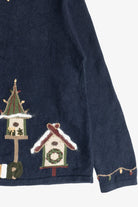 Vintage Navy Blue Christopher & Banks Reindeer With Birdhouses Ugly Christmas Sweater (2000s)