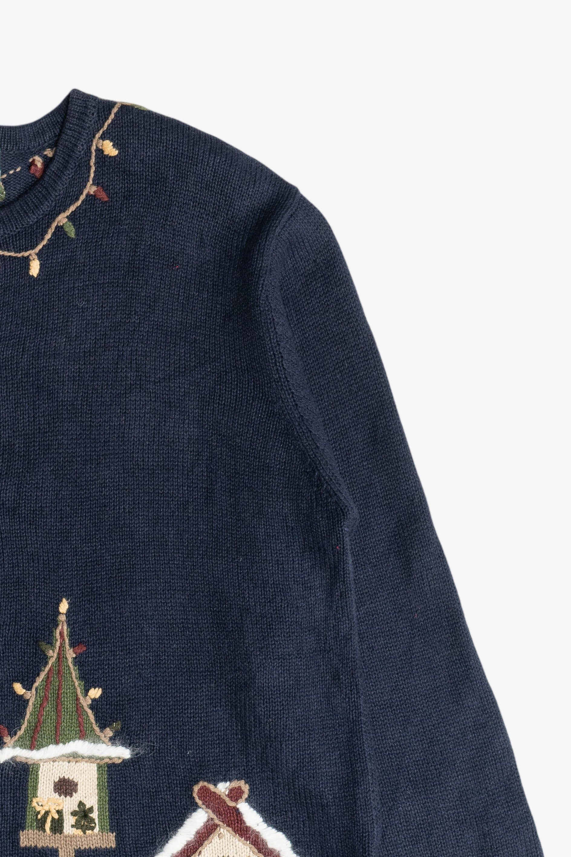 Vintage Navy Blue Christopher & Banks Reindeer With Birdhouses Ugly Christmas Sweater (2000s)