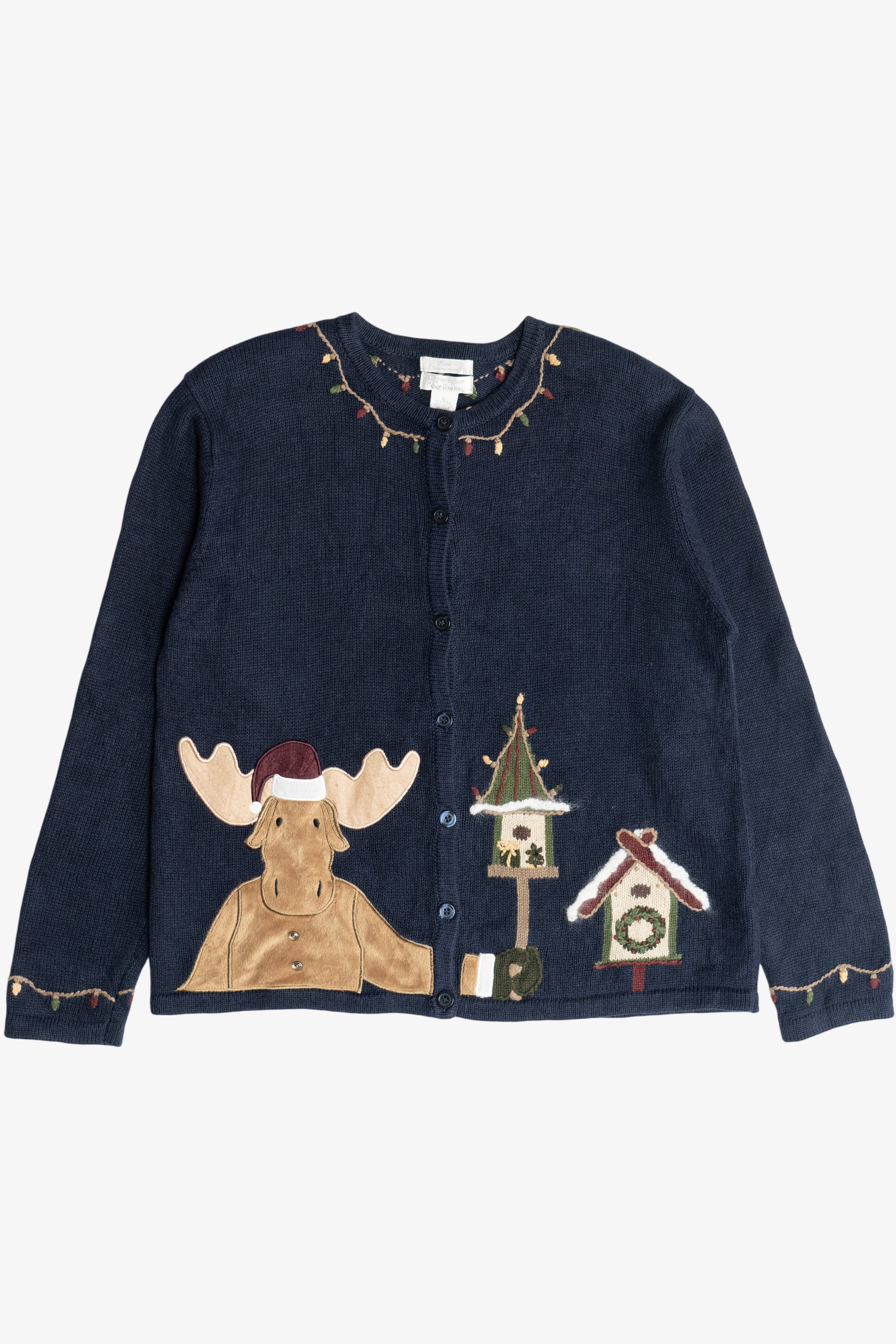 Vintage Navy Blue Christopher & Banks Reindeer With Birdhouses Ugly Christmas Sweater (2000s)