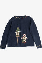Vintage Navy Blue Christopher & Banks Reindeer With Birdhouses Ugly Christmas Sweater (2000s)