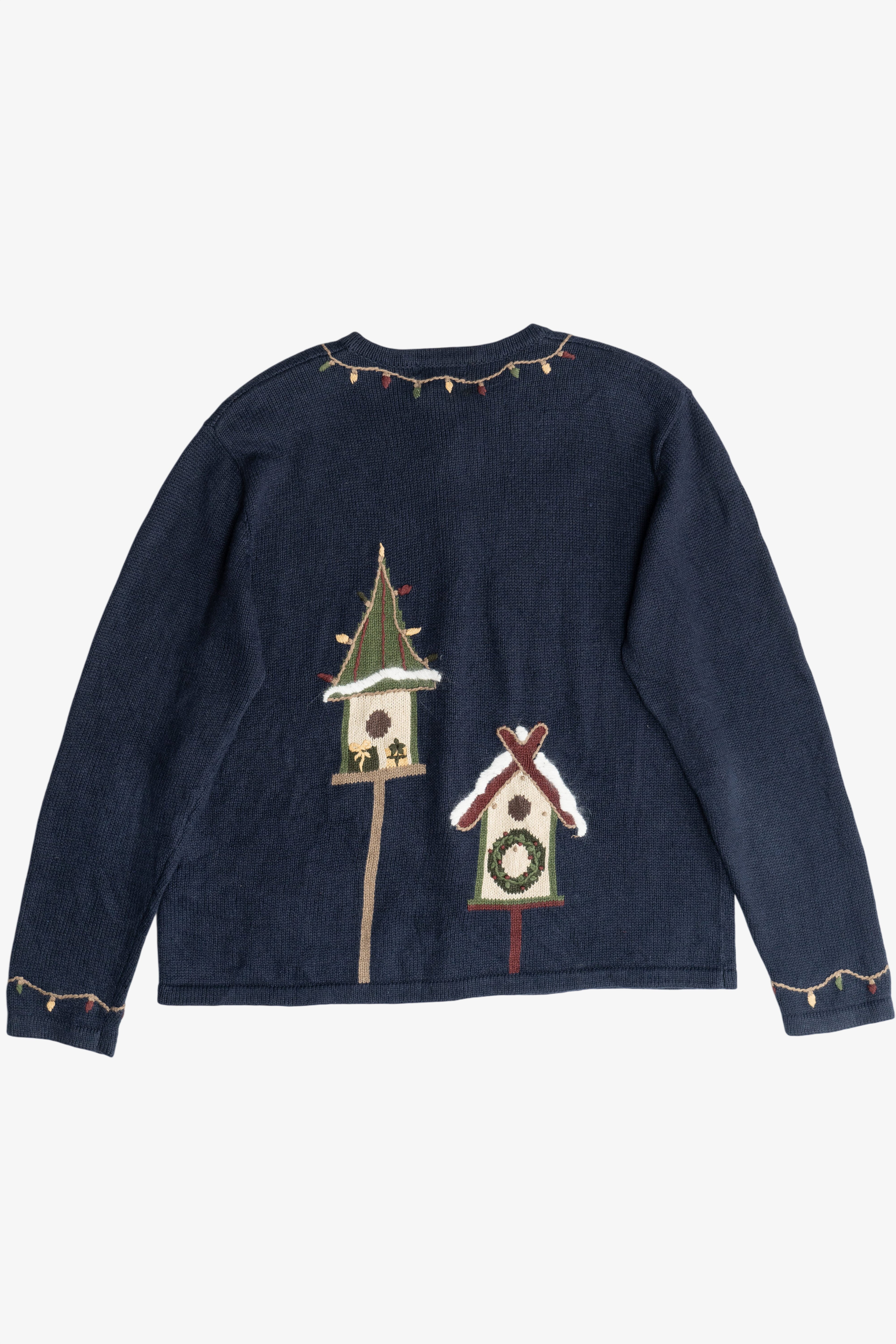 Vintage Navy Blue Christopher & Banks Reindeer With Birdhouses Ugly Christmas Sweater (2000s)