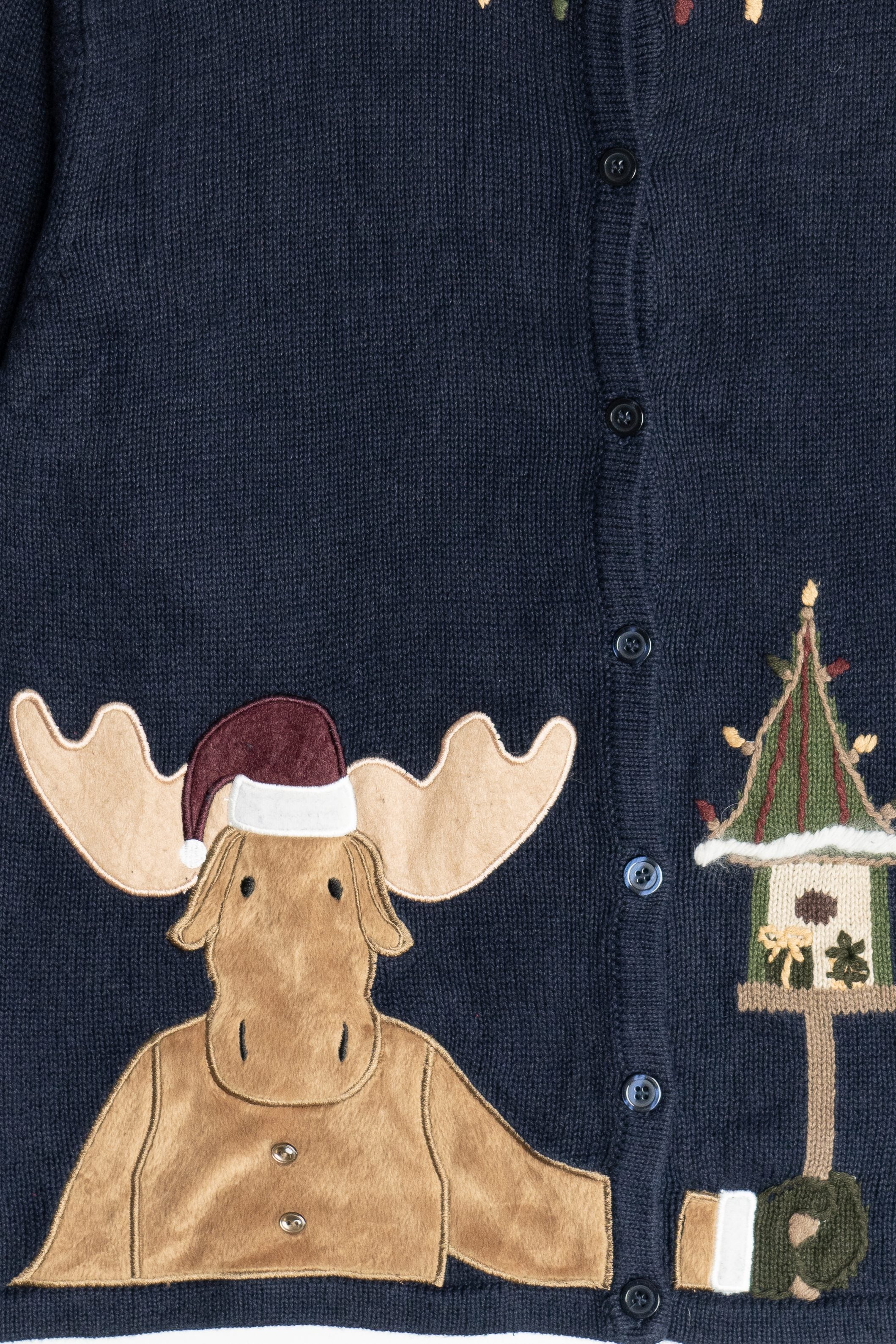 Vintage Navy Blue Christopher & Banks Reindeer With Birdhouses Ugly Christmas Sweater (2000s)